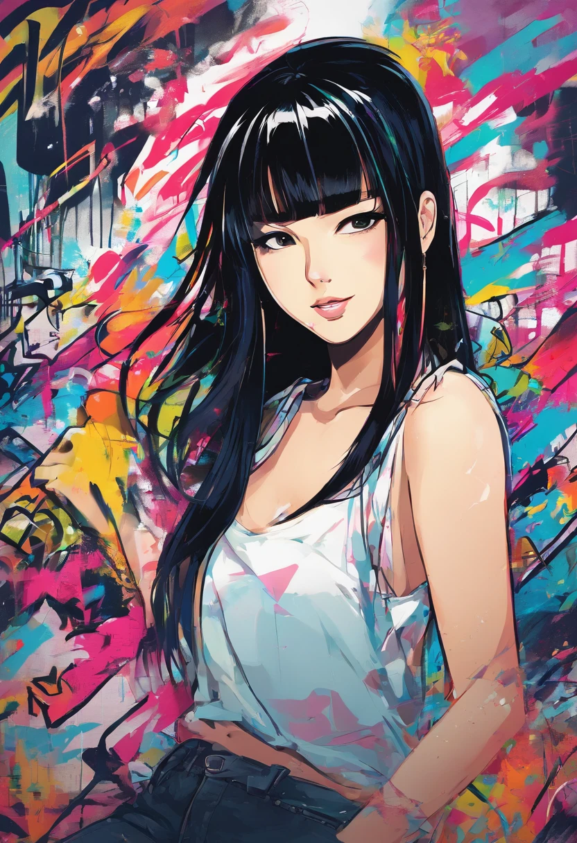 Oil Style、digitalart、1990s anime style、Black hair Long hair　Straight、Japan beautiful girl、18year old、Blunt bangs