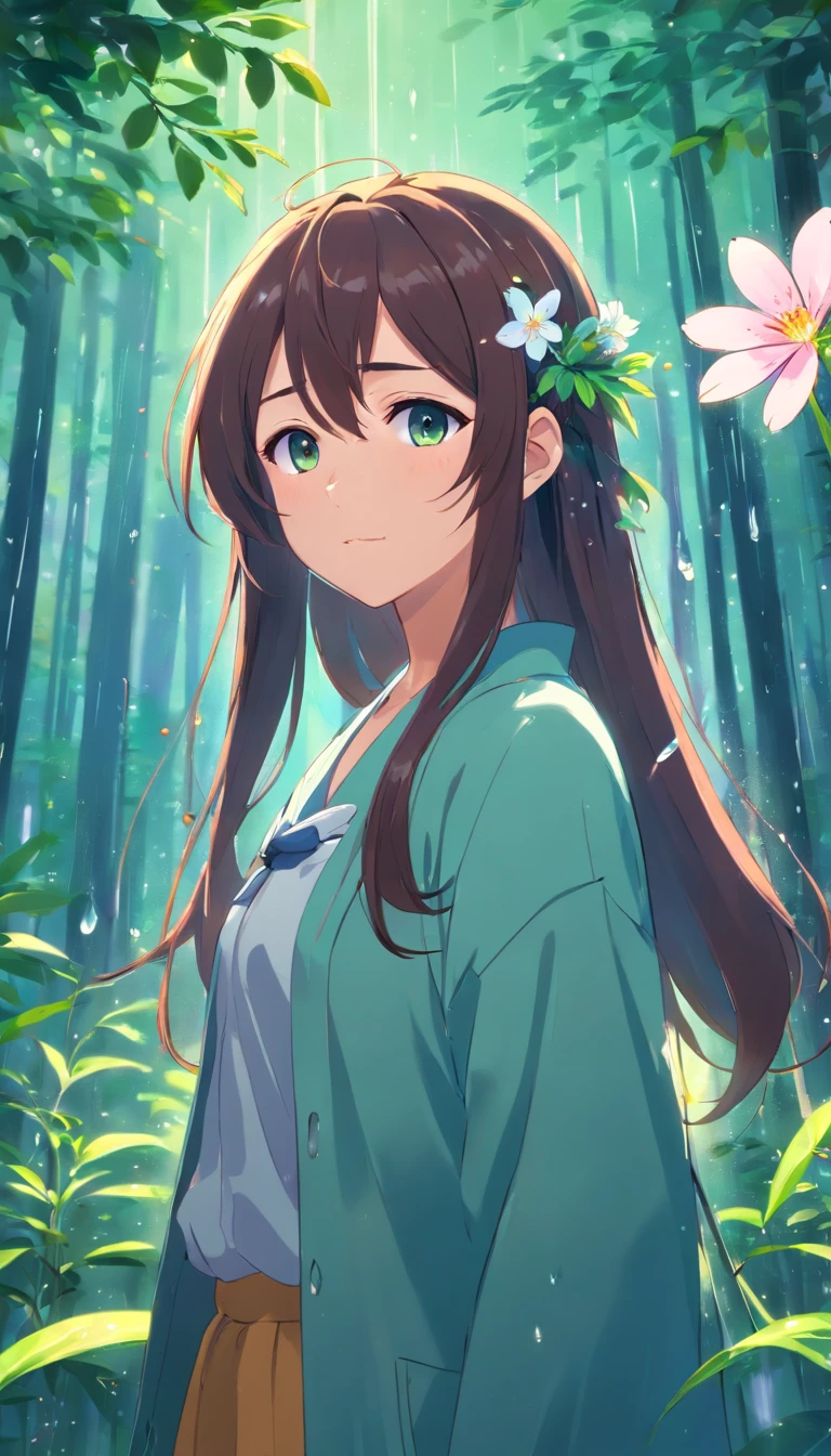 anime girl with long hair and flower in her hair, Beautiful anime artwork, style of anime4 K, Anime art wallpaper 4k,Rainy days，janelas，the woods，Rain drops