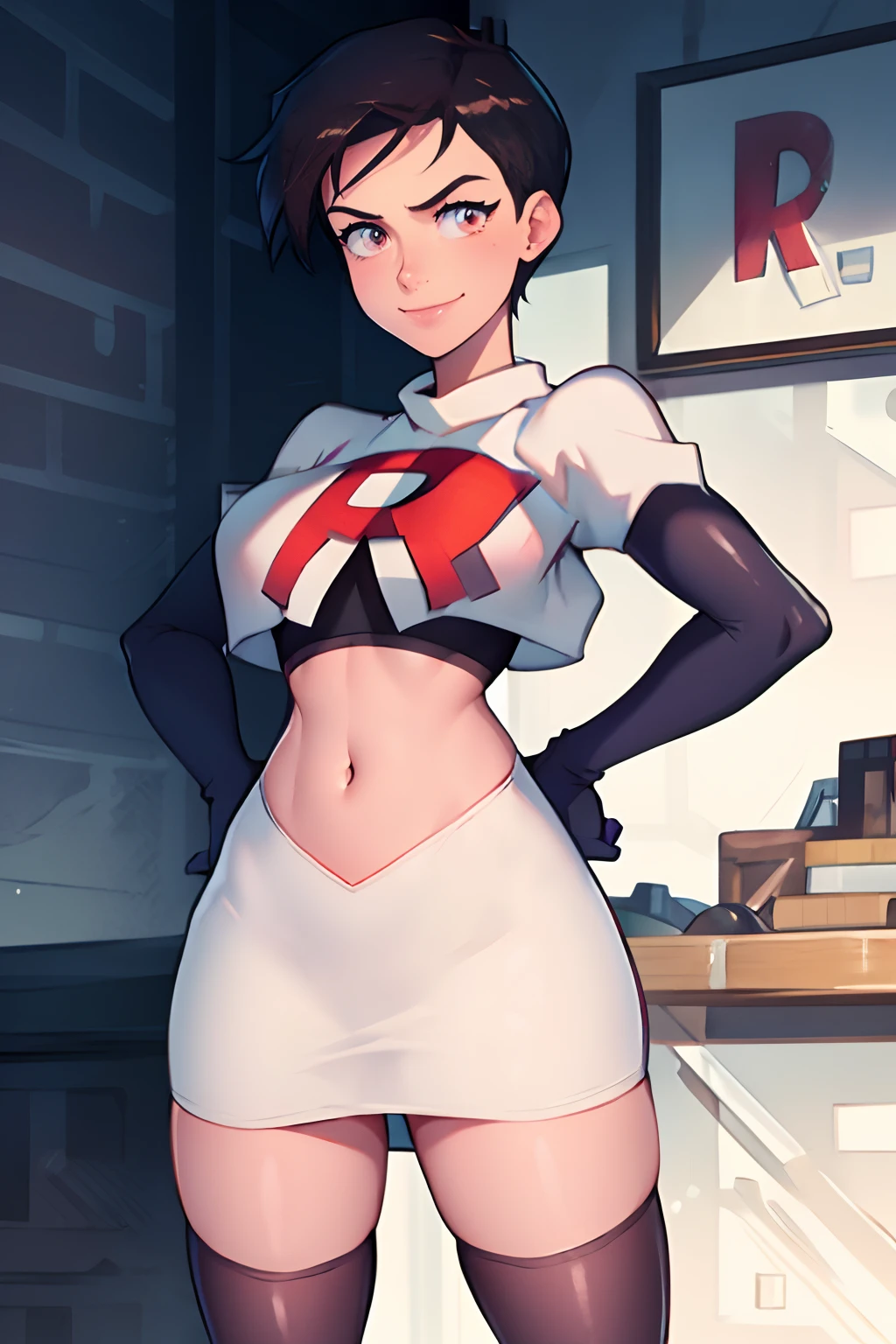 lois lane (my adventures with superman), team rocket,team rocket uniform, red letter R, white skirt,white crop top,black thigh-highs,black elbow gloves, hands on hips, smile