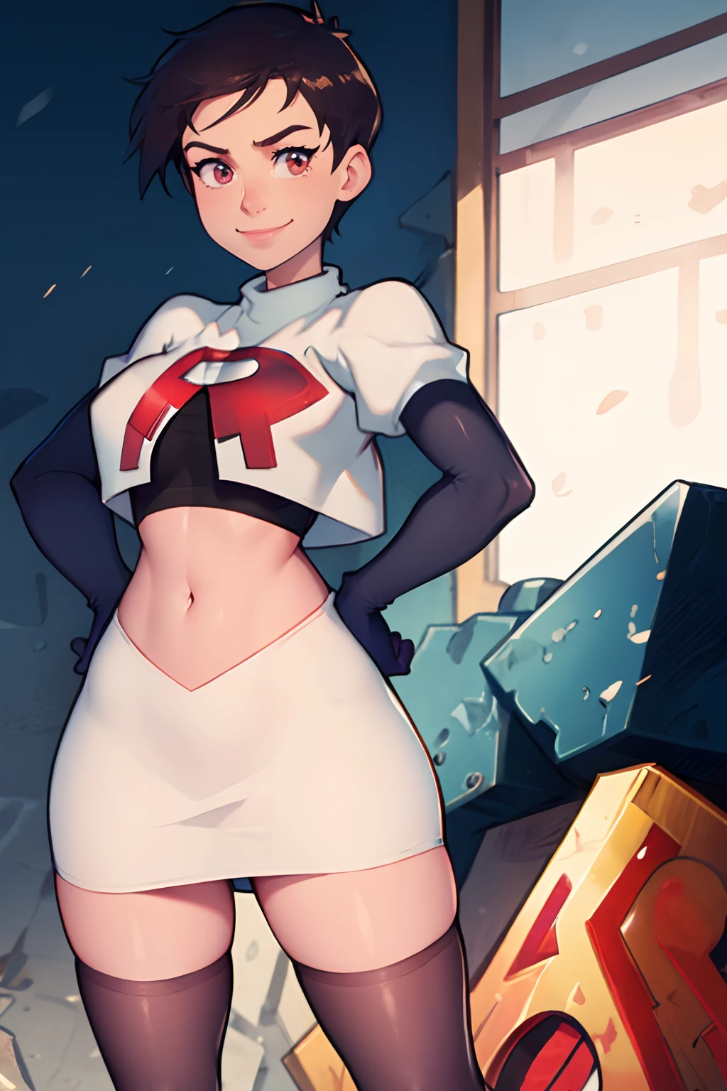 lois lane (my adventures with superman),  team rocket,team rocket uniform, red letter R, white skirt,white crop top,black thigh-highs,black elbow gloves, hands on hips, smile