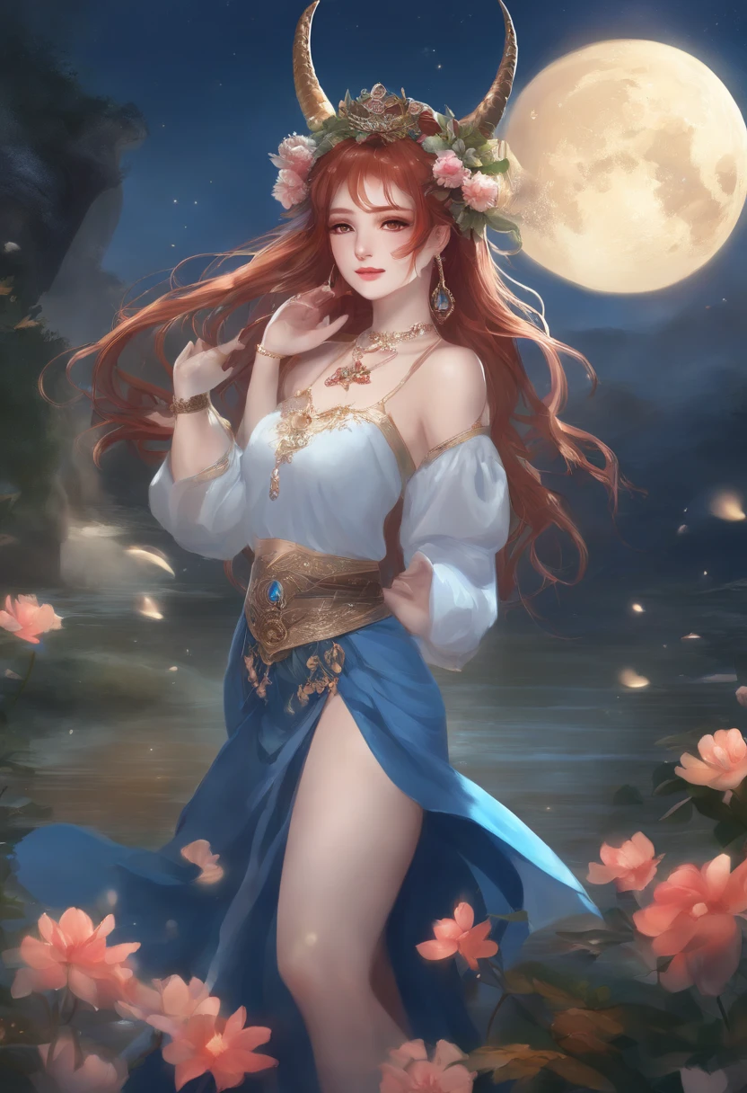 (Realistic painting style:1. 1), masterpiece, best quality, absurdres, nilou (neither flower nor mist) (genshin impact), aqua eyes, nilou (genshin impact), fake horns, 1girl, solo, red hair, veil, smile, moon, long hair, crop top, jewelry, horns, night, bracer, brooch, long sleeves, puffy long sleeves, looking at viewer, skirt, bangs, twintails, water, puffy sleeves, sky, neck ring, open mouth, :d, full moon, night sky, flower, harem outfit, gold trim, parted bangs, arm up, breasts, circlet, outdoors, blue skirt, hair ornament, detached sleeves, low twintails, floating hair, gem, hair flower, blue gemstone, hand up, dancer, white headwear, small breasts, stomach, midriff, cowboy shot, blue bow, very long hair