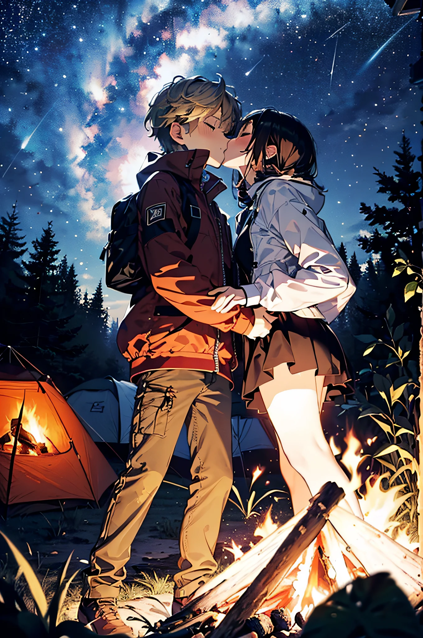 (top-quality、in 8K、32K、masterpiece、nffsw、超A high resolution、Impresionismo、Photorealsitic:1.2)、cowboy shot、foco nítido、detailed faces and eyes、(Tents and campfires are lit up in the fields at night, camping, night outdoors, night time with starry sky, outdoors at night, See the stars at night, under the starry sky, at a campfire at night, Glamping, Night time, Night outside, campsite, campfire in background, Gaze at the stars, nighttime scene, during night)、Sharp pupils、Realistic pupils、beauitful face、18 year old beautiful girl、shinny skin、Bery short hair、poneyTail、Beautiful golden hair、Closed eyes、Down jacket、Jumper miniskirt、Black mountaineering shoes、(There is a boy next to her、cuddling、the kiss、The face is illuminated:1.3)、(Embarrassed look:1.2)、facing front