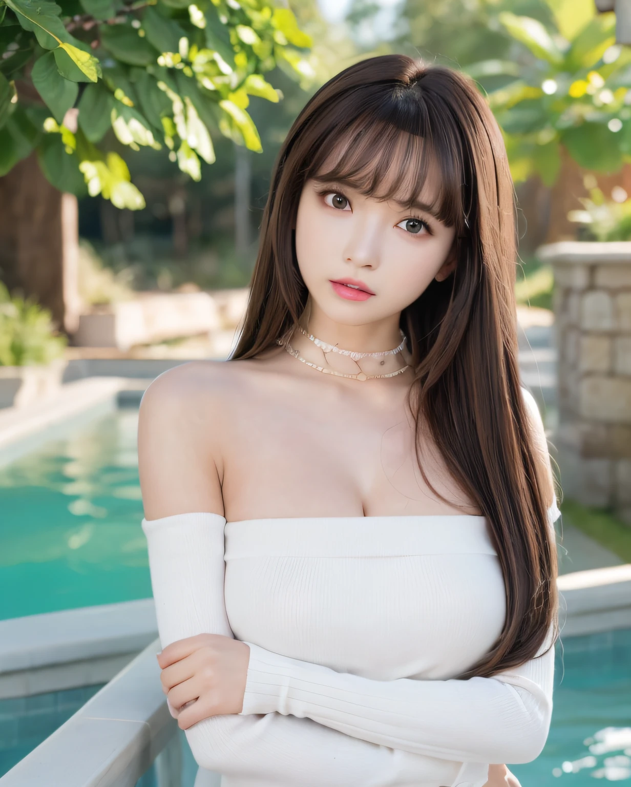 pureerosface_v1, best quality, photorealistic, 8k, high res, 1girl, woman, (skindentation), (portrait:0.6), gorgeous, dynamicpose, ((poolsidebackground:1.6)), coconut tree, ((mediumsize roundbreast, white highnecksweater:1.4)), straight-looking at viewer:1.8, (1girl eyes looking at viewer, medium-length hair, brownhair, partedbangs:1.65), (bokeh), (closed mouth:1.46),