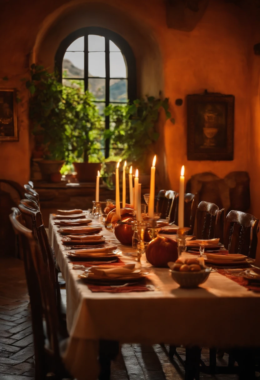 Cantina italiana, Rustic table, Free space in the middle, copos, velas e lareira ao fundo, utensilio pegador. Italia