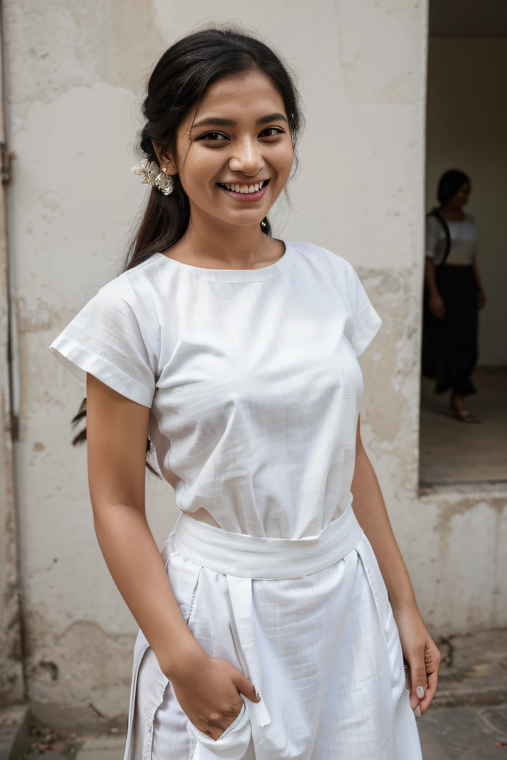 arafed woman laughing, white shirt and black pants, photo of a woman, mid shot portrait, candid picture, 7 0 mm portrait, photo of young woman, 60mm portrait, candid portrait photo, wearing bihu dress mekhela sador, portait image, candid portrait, taken with canon eos 5 d mark iv