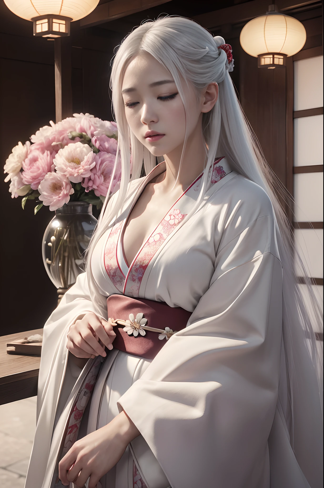 Traditional kimono with Japan eyes closed、Chrysanthemum、with floral pattern,Personification of the white snake,long white hair,Holding a dagger,sneering,(RAW shooting)、(hyper realstic、Top image quality)、8k、(realisitic、photoRealstic:1.3)、masterpiece、超A high resolution、Stunning big、((Beautiful 35 year old Japan:1.3)Crystal clear white skin,Close your eyes tightly,A sexy,Natural soft light、(film grains、FujifilmXT3、8k uhd、Digital SLR、lens)、Hollywood lips、Wide jawline、wide lips、narrow beautiful nose、movie、(Up to 8K resolution for photos、complexly detailed、Convoluted、elegent、Expansiveness、Fantastical)、ultra-detailliert、Insane details、Beautifully color graded、unrealengine、The degree of freedom、Hyper-Resolution、Megapixel、cinematic lightening、Anti-aliasing、FKAA、TXAA、RTX、SSAO、Post-processing、Post Production、tonemapping、CGI、VFX、SFX、Insanely detailed and interesting、Hyper maximalist、hyper realstic、Volumetric、ultra photoreal、ultra -detail、intricate detailes、ultra -detail、fulcolor、Volume Lightning、HDR、reallistic、unrealengine、16K、Foconitide、octan render