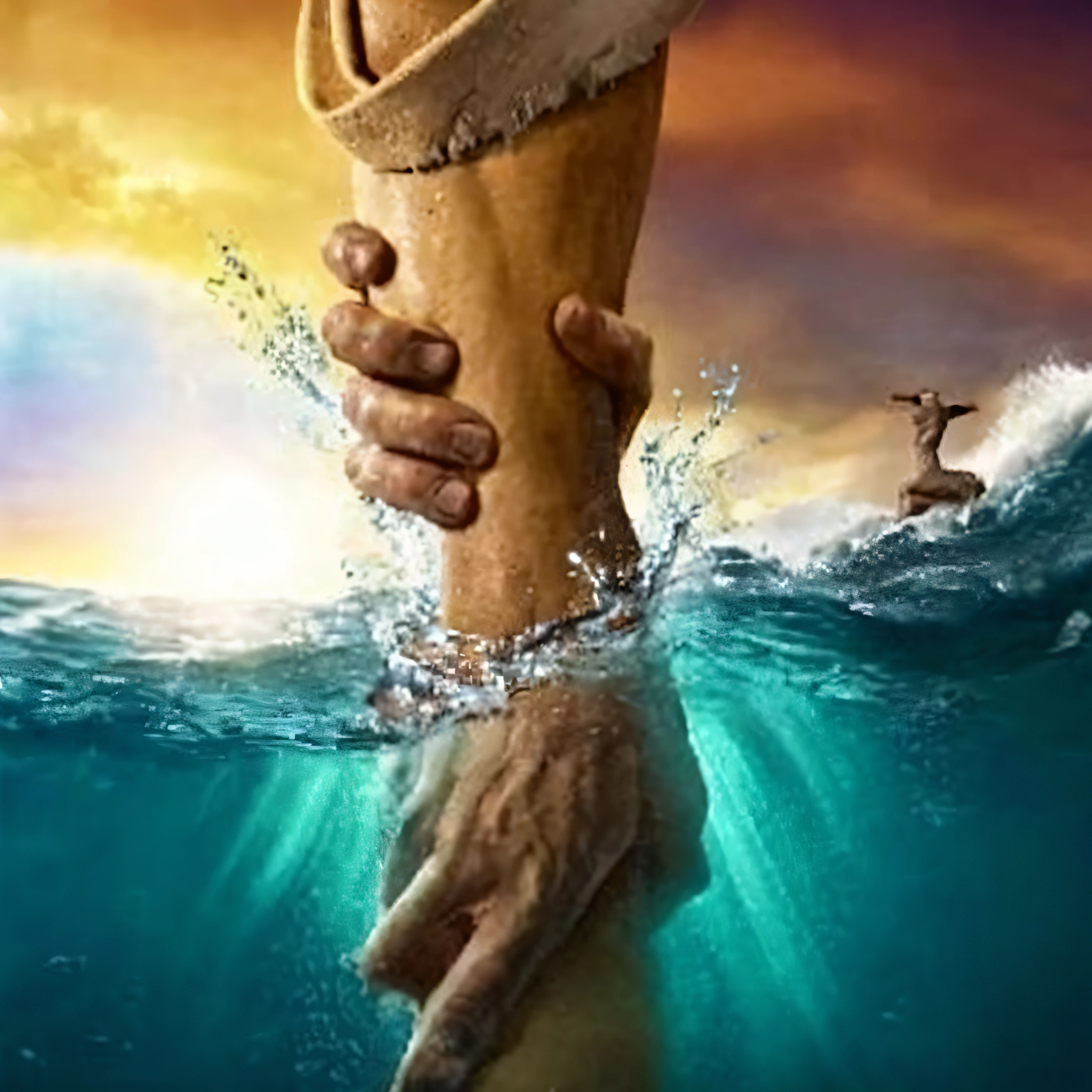 A poster of a man holding a woman's hand in the water, ! holding in his hand !, Jesus walking on water, Afogamento, afundamento, Mescladas, Imagem absolutamente excepcional, beautiful image ever created, ele tem um tesouro com ele, ( ( teatral ) ), Take my hand, Imagem incrivelmente composta, dramatic submerged, afogado, bela obra-prima, Ininterrupta, beautiful depiction