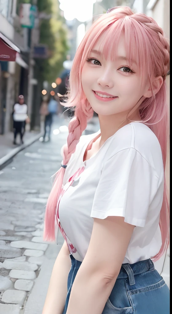 (8K、top-quality、masterpiece:1.2)、(reallistic、Photorealsitic:1.37)、The ultra-detailliert、女の子1人、18year old、Medium chest、Beautie、Beautiful and perfect face、Natural smile、独奏、holiday、Bustling street、shopping、Fashionable clothes、Redness of the nose)、(A smile:1.5)、(With mouth closed) 、beautidful eyes、(long:1.2)、Floating hair 、Middle hair、Pink Hair Medium Hair, (Pink hair), Ear Hair, small tits, Single braid, (Single braid), (Side braid),Checked shirt