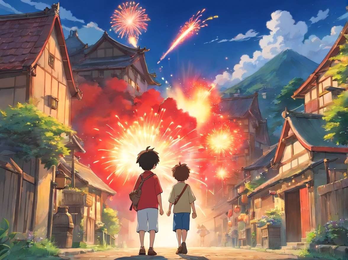 Picture book characters、A 15-year-old boy holds a red firecracker、Village background、Take risks、Ghibli style、Humanity、