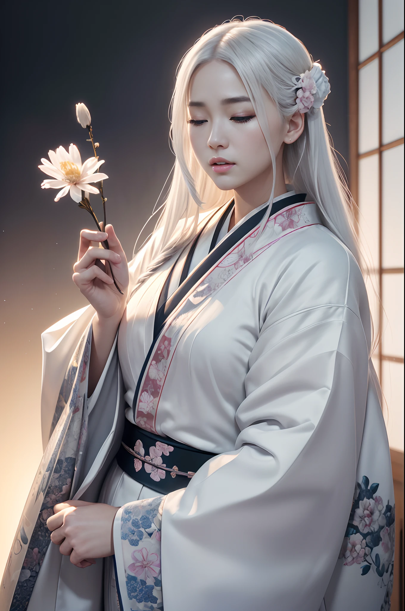 Traditional kimono with Japan eyes closed、Chrysanthemum、with floral pattern,Personification of the white snake,long white hair,Holding a dagger,sneering,(RAW shooting)、(hyper realstic、Top image quality)、8k、(realisitic、photoRealstic:1.3)、​masterpiece、超A high resolution、Stunning big、((Beautiful 35 year old Japan:1.3)Crystal clear white skin,Close your eyes tightly,A sexy,Natural soft light、(film grains、FujifilmXT3、8k uhd、Digital SLR、lens)、Hollywood lips、Wide jawline、wide lips、narrow beautiful nose、movie、(Up to 8K resolution for photos、complexly detailed、Convoluted、elegent、Expansiveness、Fantastical)、ultra-detailliert、Insane details、Beautifully color graded、unrealengine、The degree of freedom、Hyper-Resolution、Megapixel、cinematic lightening、Anti-aliasing、FKAA、TXAA、RTX、SSAO、Post-processing、Post Production、tonemapping、CGI、VFX、SFX、Insanely detailed and interesting、Hyper maximalist、hyper realstic、Volumetric、ultra photoreal、ultra -detail、intricate detailes、ultra -detail、fulcolor、Volume Lightning、HDR、reallistic、unrealengine、16K、Foconitide、octan render