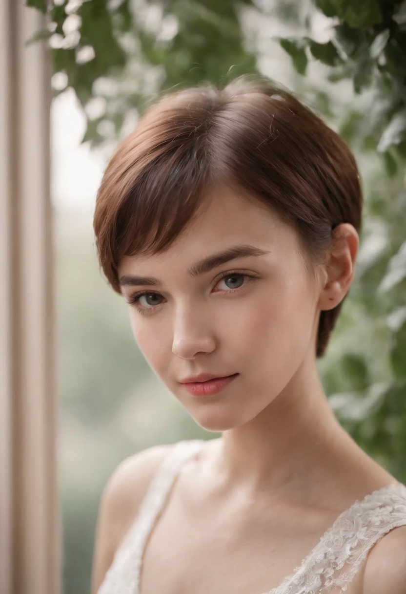 18-year-old girl, short hair, white top. closeup shot.