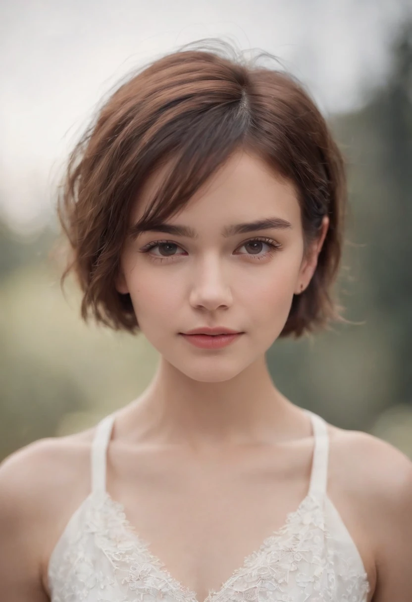 18-year-old girl, short hair, white top. closeup shot.