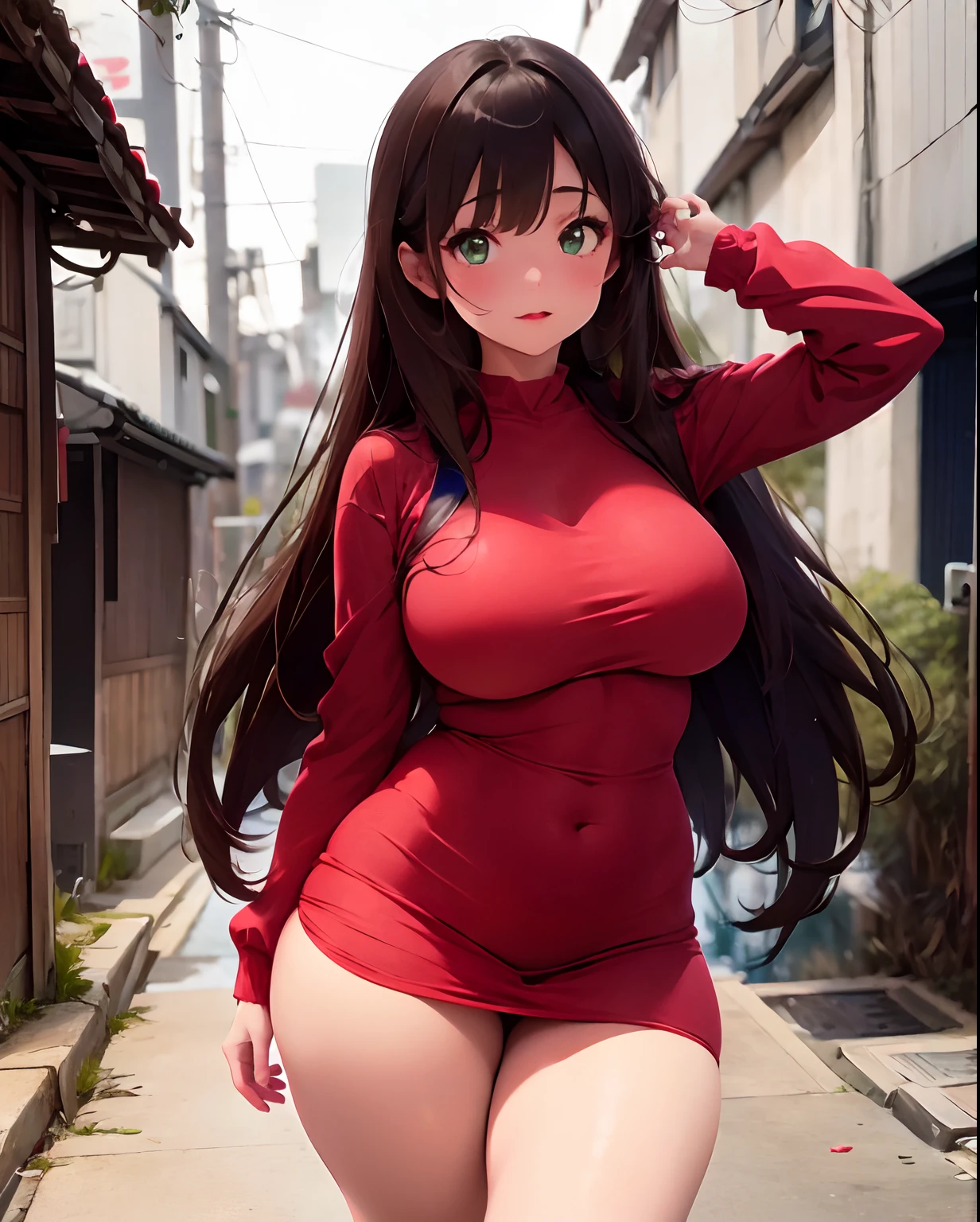 Girl, very fair skin, long brown hair, flushed cheeks, wearing red lipstick, green eyes, very thin waist and extremely wide hips, very thick legs, absurdly fat and swollen thighs, small breasts, wearing a very tight and short red dress, posing for photo in Tokyo alley, anime style