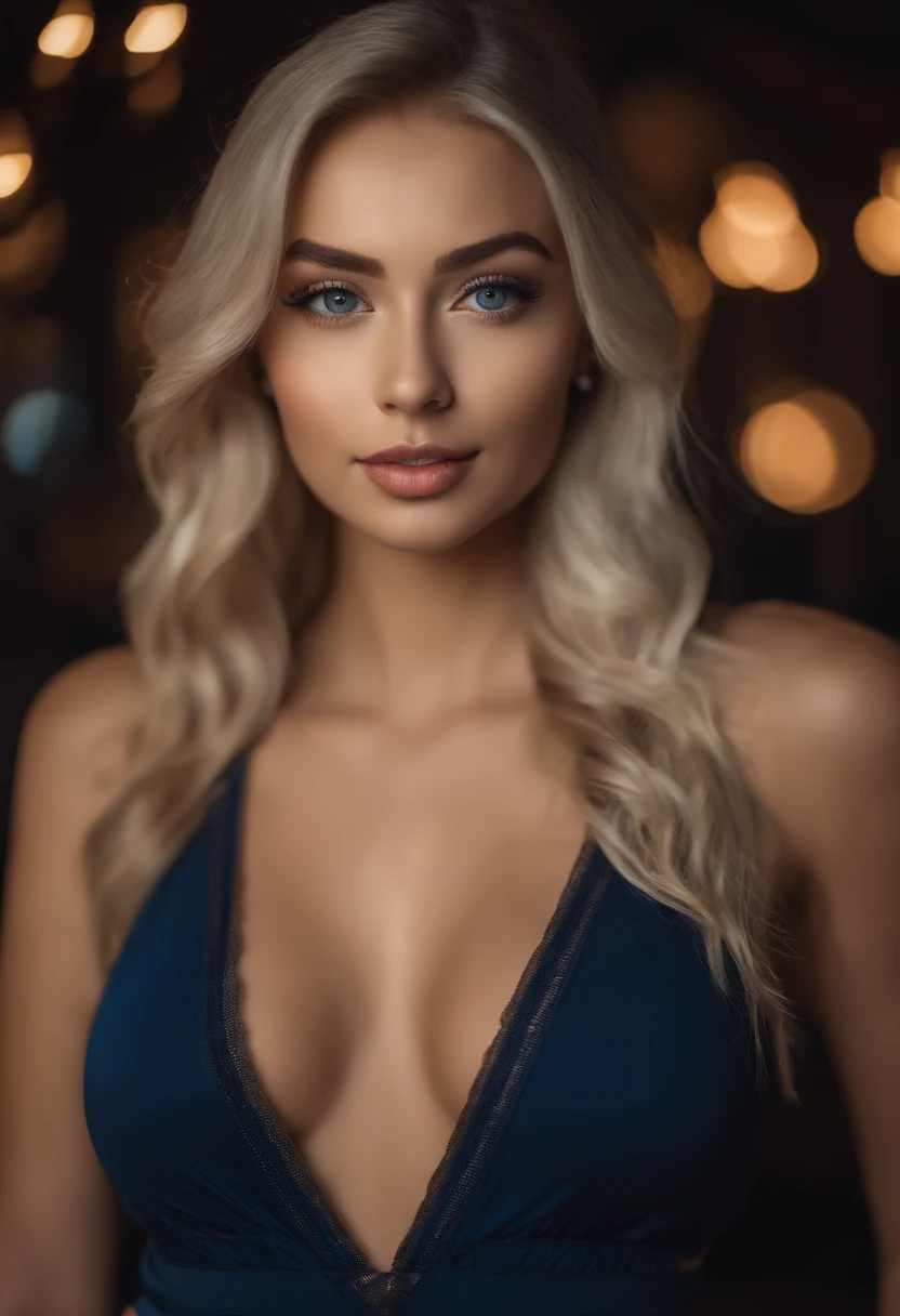 Blonde woman posing in nightclub with matching tank top and skirt, Sexy girl with blue eyes, portrait sophie mudd, blur backgroun, Best quality, 1girll, Portrait of Corinna Kopf, blonde hair and large eyes, selfie of a young woman, Orn makeup, natural makeup, Look directly into the camera, face with artgram, Decentus makeup, Great full body photo, Being in the room, Large of breast, Blonde, latina