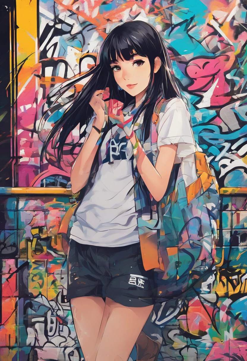 Oil Style、digitalart、1990s anime style、Black hair Long hair Straight、Japan beautiful girl、18year old、Blunt bangs