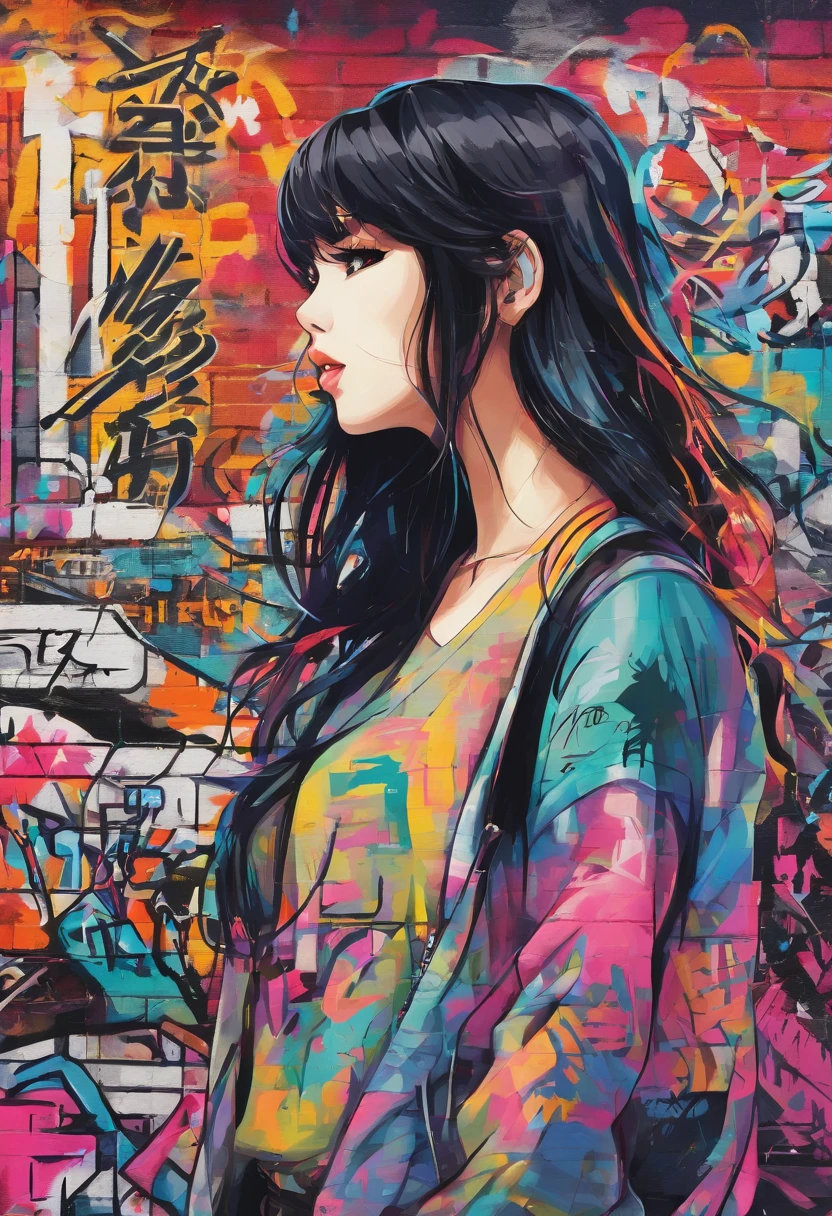 Oil Style、digitalart、1990s anime style、Black hair Long hair Straight、Japan beautiful girl、18year old、Blunt bangs