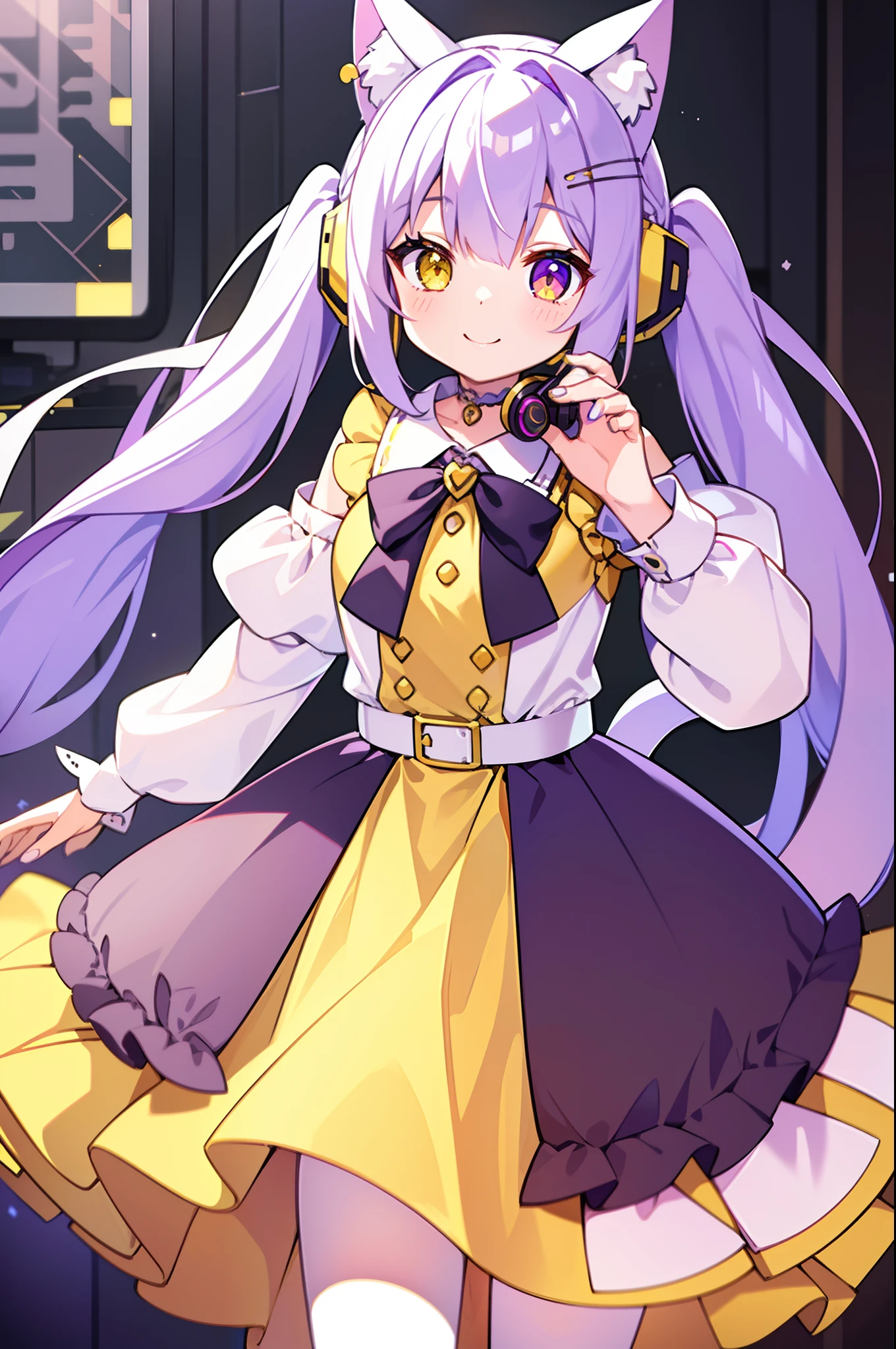 masterpiece, best quality, 1girl, solo, light purple hair, long hair, twintails, Heterochromia, ((yellow eye)), ((yellow eyes)), cute dress, long sleeves, frilled, smiling, looking at viewer, a white rabbit hair pin, ((cat ear gaming headset)), typing on the keyboard, in the room, computer , white hair