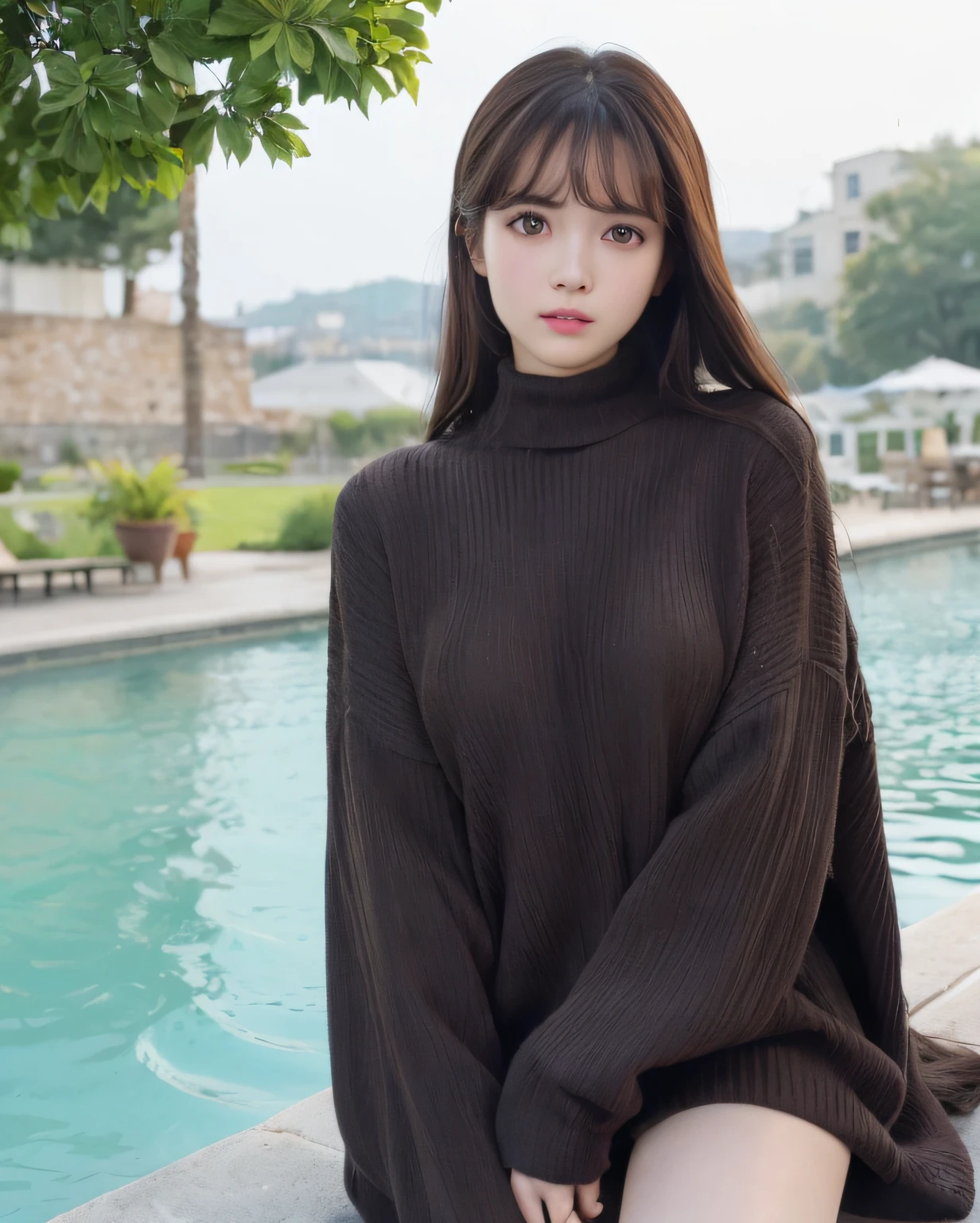 pureerosface_v1, best quality, photorealistic, 8k, high res, 1girl, woman, (skindentation), (portrait:0.6), gorgeous, dynamicpose, ((poolsidebackground:1.6)), coconut tree, ((mediumsize roundbreast, white highnecksweater:1.4)), straight-looking at viewer:1.8, (1girl eyes looking at viewer, medium-length hair, brownhair, partedbangs:1.65), (bokeh), (closed mouth:1.46),
