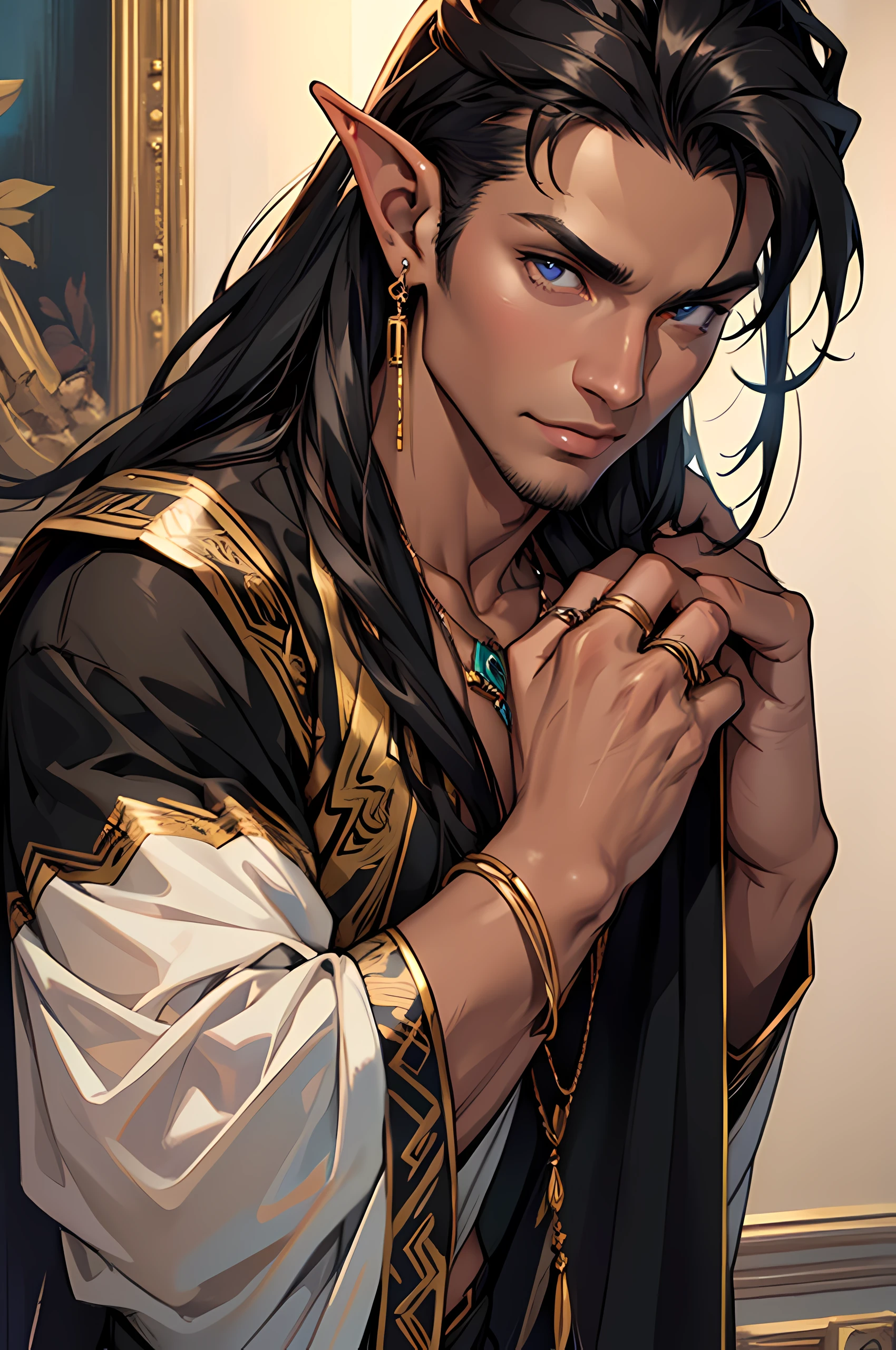Top quality, Photorealistic, 8K, High Definition, Unity 8K wallpaper, high res, ultra sharp, masterpiece, ((masterpiece)), best quality, expressive eyes, perfect face, detailed face, detailed eyes, masterpiece, highly detailed exquisite character art, ultra-realistic, detailed body, detailed pectorals, ((male focus)), big bare pectorals, detailed muscles, bulge, ((1male)), mysterious appearance, male super long black straight hair, ((tanned skin)), long nails, male elegant, plumped glossy lips, elf ears, handsome, eloquent, charming, earrings, necklace, rings,