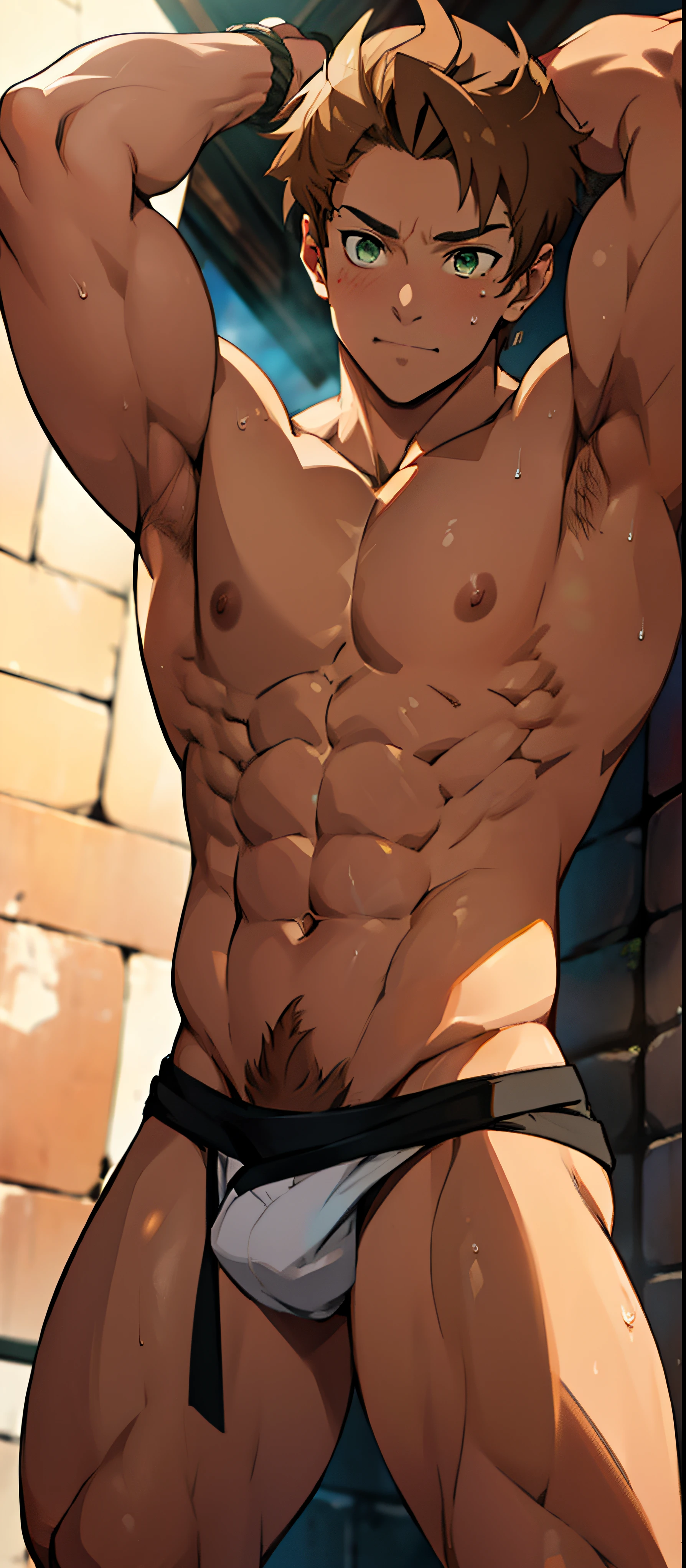 (  the charming body, Sexy body close-up ) short hair , short spiky hairstyle, Red skin,  shiny skin, tanned skin, rosy skin, bright red skin, the boy blushed shyly , red face (photo angle from bottom up) (photo angle from the ground upwards) [Anime photo][highest quality photo][4k,HD photo quality ] wear tight and short loincloths ,the loincloth bulges due to the erect male genitals (muscular thigh muscles, firm thigh muscles, muscular thigh muscles, sinewy thigh muscles, giant thigh muscles, strong leg muscles, muscular hamstring leg muscles)(thigh muscles bulging as if about to explode, muscular, calloused, sinewy, giant) , Rudeus Greyrat,,  shy, pondering, thinking, pensive, tired, bodybuilder,bodybuilding, standing, lots of sweat flowing down, topless, shirtless, hot sunny, 8 pack abs  , green eyes, 1 hand raised to expose the armpit and place it on the back of the neck