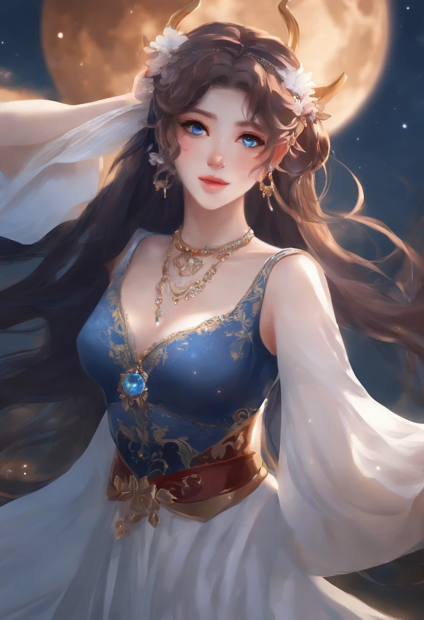 (Realistic painting style:1. 1), masterpiece, best quality, absurdres, nilou (neither flower nor mist) (genshin impact), aqua eyes, nilou (genshin impact), fake horns, 1girl, solo, red hair, veil, smile, moon, long hair, crop top, jewelry, horns, night, bracer, brooch, long sleeves, puffy long sleeves, looking at viewer, skirt, bangs, twintails, water, puffy sleeves, sky, neck ring, open mouth, :d, full moon, night sky, flower, harem outfit, gold trim, parted bangs, arm up, breasts, circlet, outdoors, blue skirt, hair ornament, detached sleeves, low twintails, floating hair, gem, hair flower, blue gemstone, hand up, dancer, white headwear, small breasts, stomach, midriff, cowboy shot, blue bow, very long hair