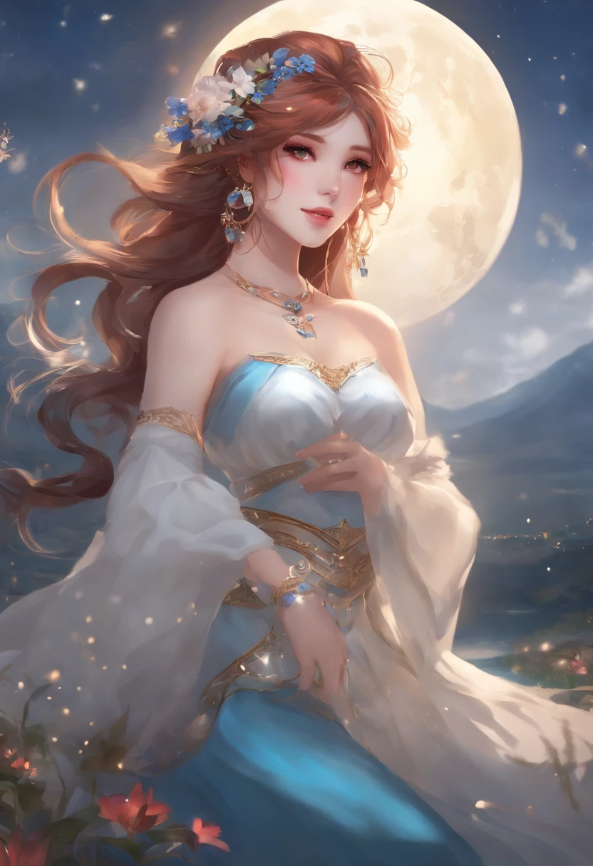 (Realistic painting style:1. 1), masterpiece, best quality, absurdres, nilou (neither flower nor mist) (genshin impact), aqua eyes, nilou (genshin impact), fake horns, 1girl, solo, red hair, veil, smile, moon, long hair, crop top, jewelry, horns, night, bracer, brooch, long sleeves, puffy long sleeves, looking at viewer, skirt, bangs, twintails, water, puffy sleeves, sky, neck ring, open mouth, :d, full moon, night sky, flower, harem outfit, gold trim, parted bangs, arm up, breasts, circlet, outdoors, blue skirt, hair ornament, detached sleeves, low twintails, floating hair, gem, hair flower, blue gemstone, hand up, dancer, white headwear, small breasts, stomach, midriff, cowboy shot, blue bow, very long hair