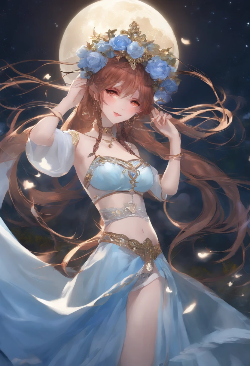 (Realistic painting style:1. 1), masterpiece, best quality, absurdres, nilou (neither flower nor mist) (genshin impact), aqua eyes, nilou (genshin impact), fake horns, 1girl, solo, red hair, veil, smile, moon, long hair, crop top, jewelry, horns, night, bracer, brooch, long sleeves, puffy long sleeves, looking at viewer, skirt, bangs, twintails, water, puffy sleeves, sky, neck ring, open mouth, :d, full moon, night sky, flower, harem outfit, gold trim, parted bangs, arm up, breasts, circlet, outdoors, blue skirt, hair ornament, detached sleeves, low twintails, floating hair, gem, hair flower, blue gemstone, hand up, dancer, white headwear, small breasts, stomach, midriff, cowboy shot, blue bow, very long hair