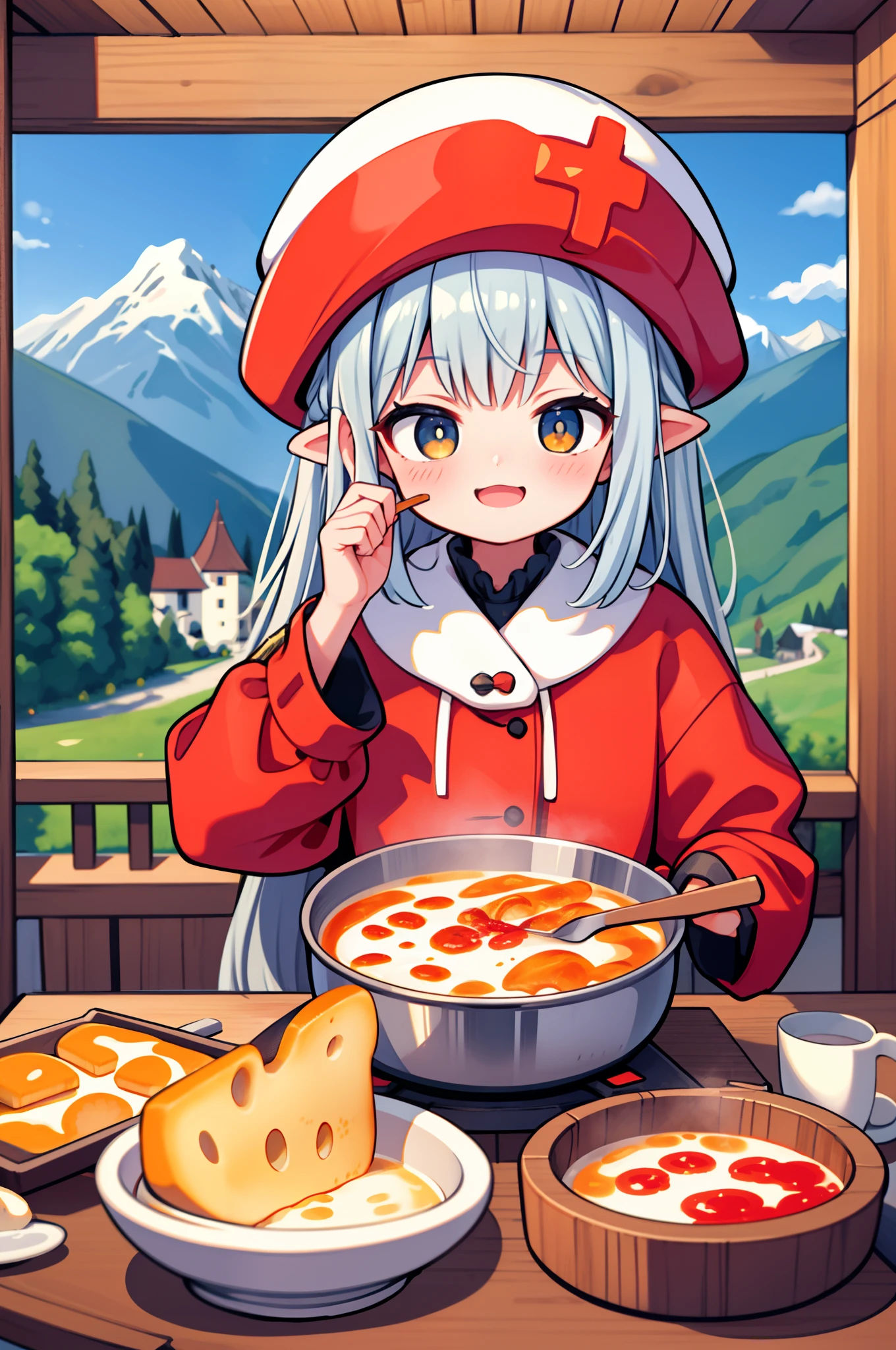 Switzerland Tourism、alps、Girl eating cheese fondue、happily face、Traditional Swiss costumes and hats、​masterpiece、top-quality、Top image quality