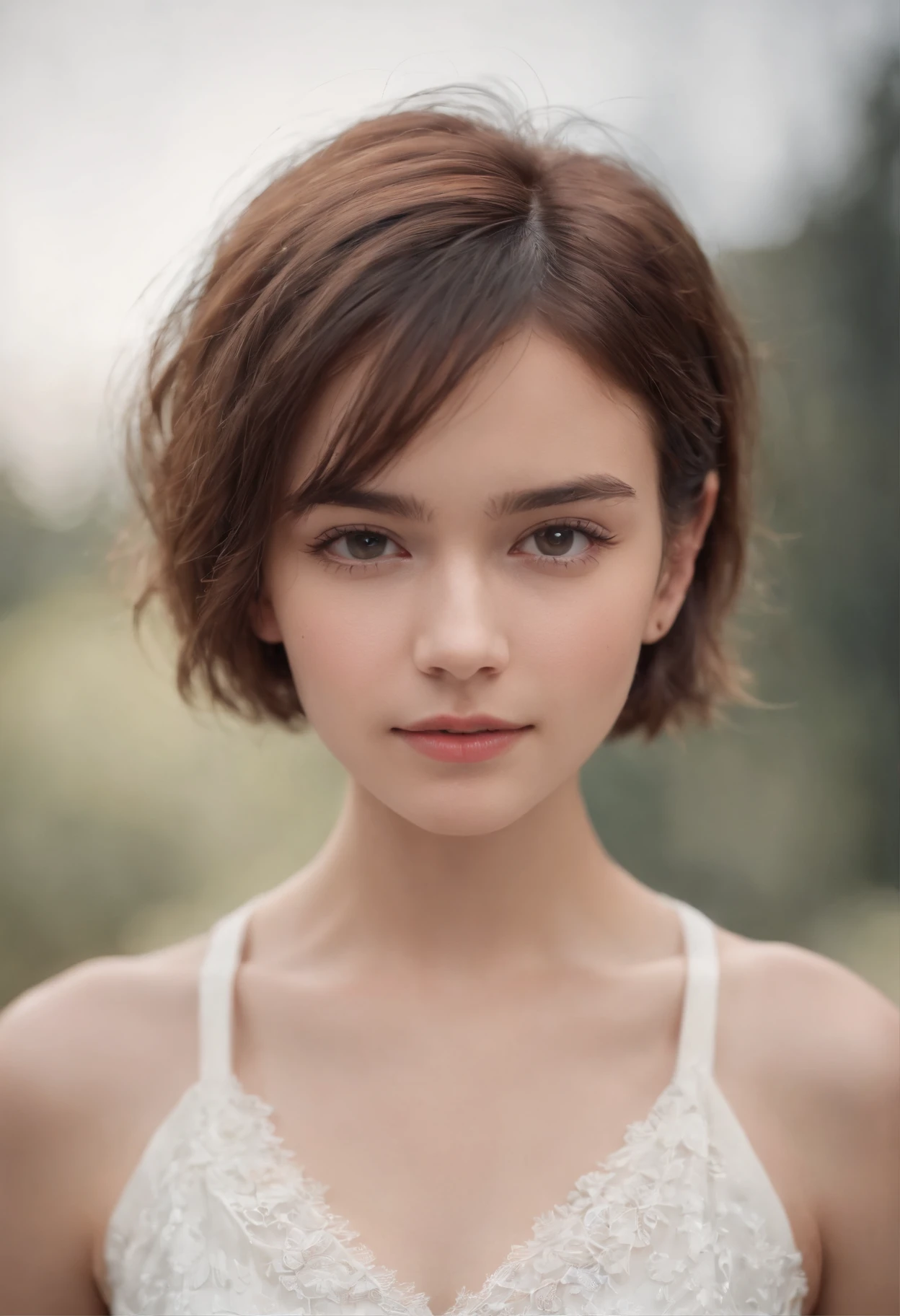 18-year-old girl, short hair, white top. closeup shot.