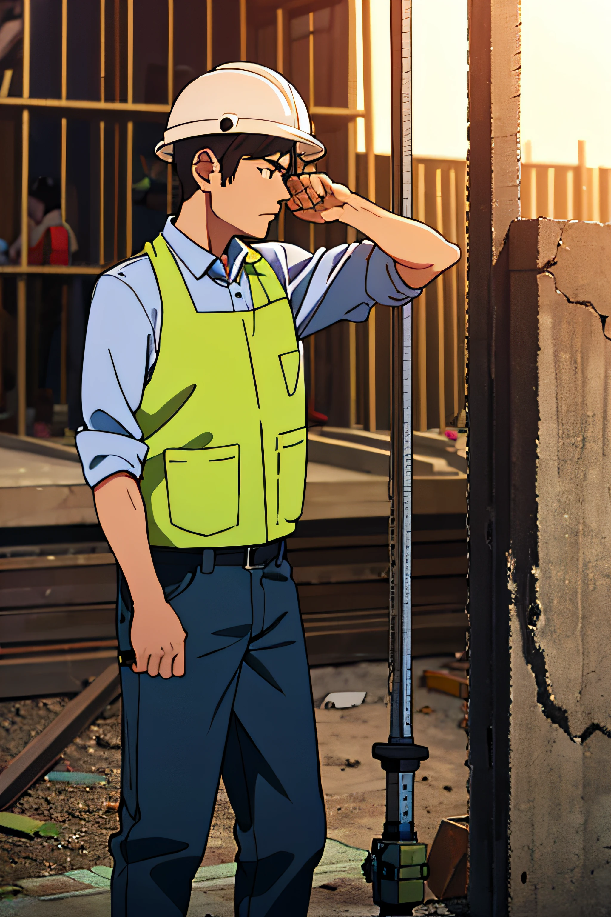 ((Masterpiece, Best quality:1.2))A man works at a construction site,Black labor protection uniform,White hard hat,Hammer in hand