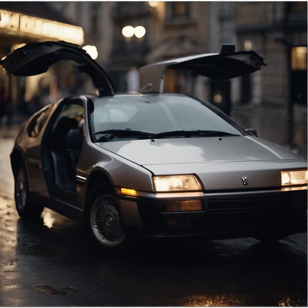 Une Peugeot 307 2002 de couleur grise avec des modification dans le style de la delorean de retour vers le futur avec des roues sombres, Conduire en ville, pluie, Nuit