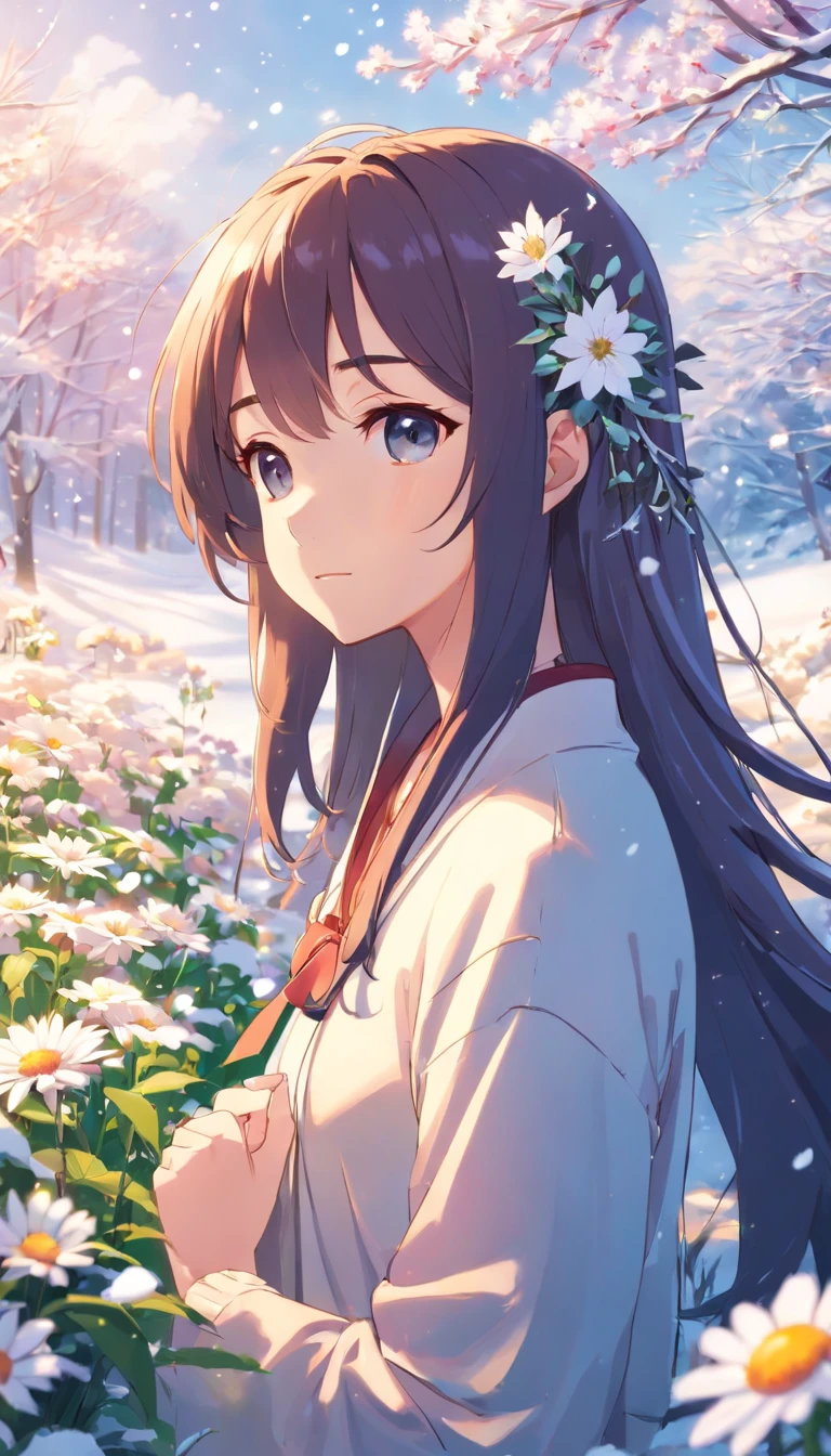 Snowy days，Among the flowers，围巾，anime girl with long hair and flower in her hair, Beautiful anime artwork, style of anime4 K, Anime art wallpaper 4k,