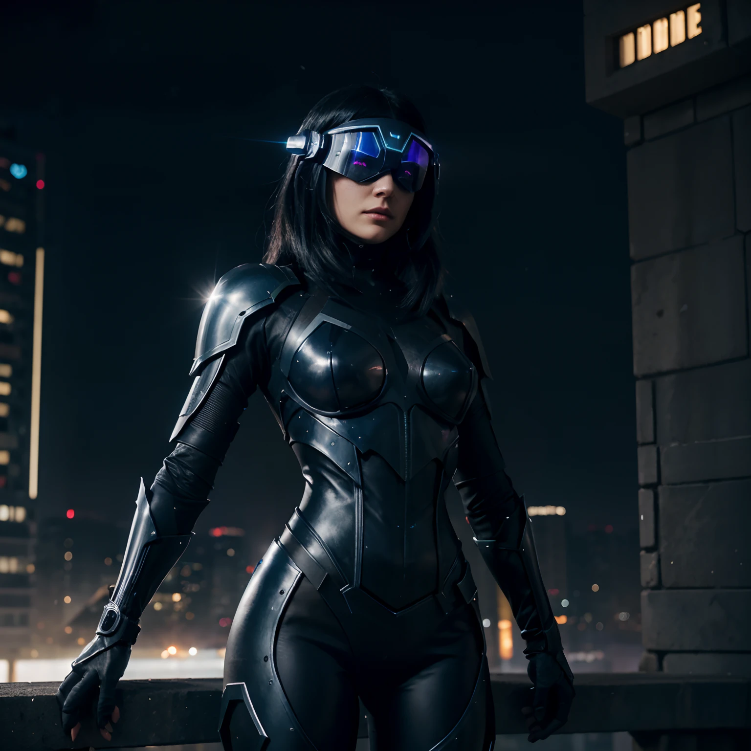 Certainly, let's enhance the description of "Nocturna Knight" with futuristic armor:
Nocturna Knight, the enigmatic vigilante of Akram City, wears a cutting-edge black armored suit. This futuristic exoskeleton gleams with a sleek metallic sheen, complete with intricate, angular plating that offers both protection and mobility. The armor emits a soft, otherworldly luminescence, providing an intimidating yet captivating presence on the darkened streets.
Her white eyes, akin to piercing beacons in the night, are the only part of her face visible through a high-tech visor that overlays her gaze with augmented reality displays and information. The visor is equipped with advanced targeting systems, making her an unparalleled strategist in her crime-fighting efforts.
Nocturna Knight's long, raven hair cascades down her back, contrasting sharply with the high-tech armor, creating a striking visual juxtaposition.
She is determined to fix the chaos and corruption that have overrun Akram City, using her futuristic armor and an impressive array of high-tech gadgets. With the power of technology at her side, she stands as a beacon of hope in the city's darkest hours, a symbol of justice and order in a world of chaos.