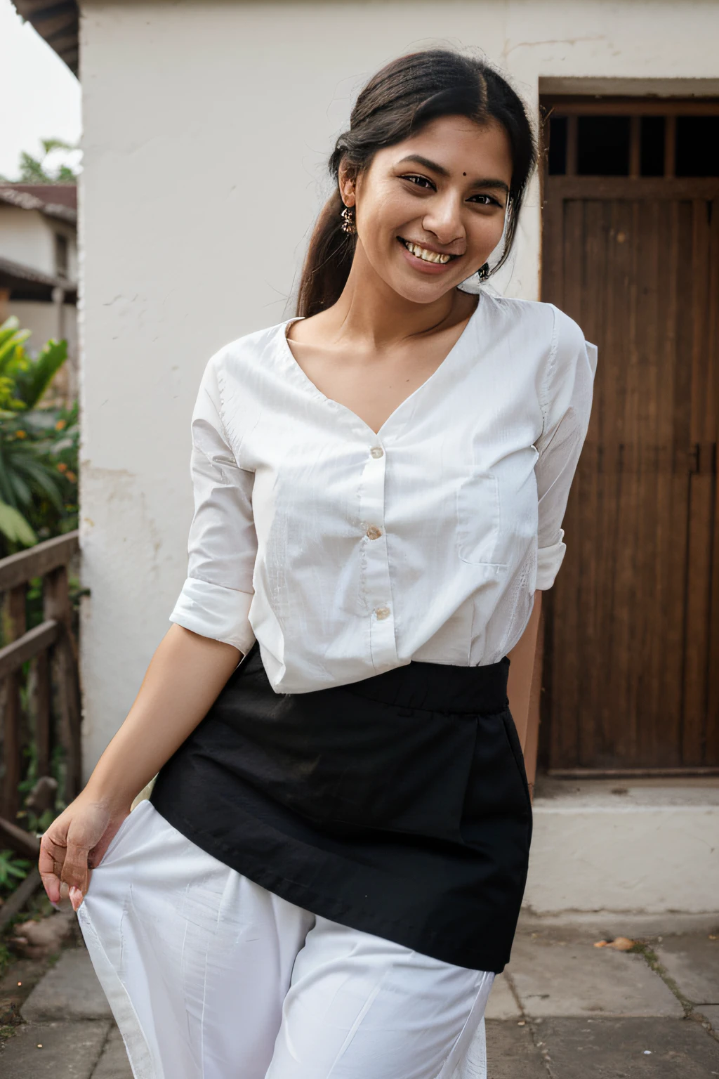 arafed woman laughing, white buttoned tucked in shirt and black pants, photo of a woman, mid shot portrait, candid picture, 7 0 mm portrait, photo of young woman, 60mm portrait, candid portrait photo, wearing bihu dress mekhela sador, portait image, candid portrait, taken with canon eos 5 d mark iv