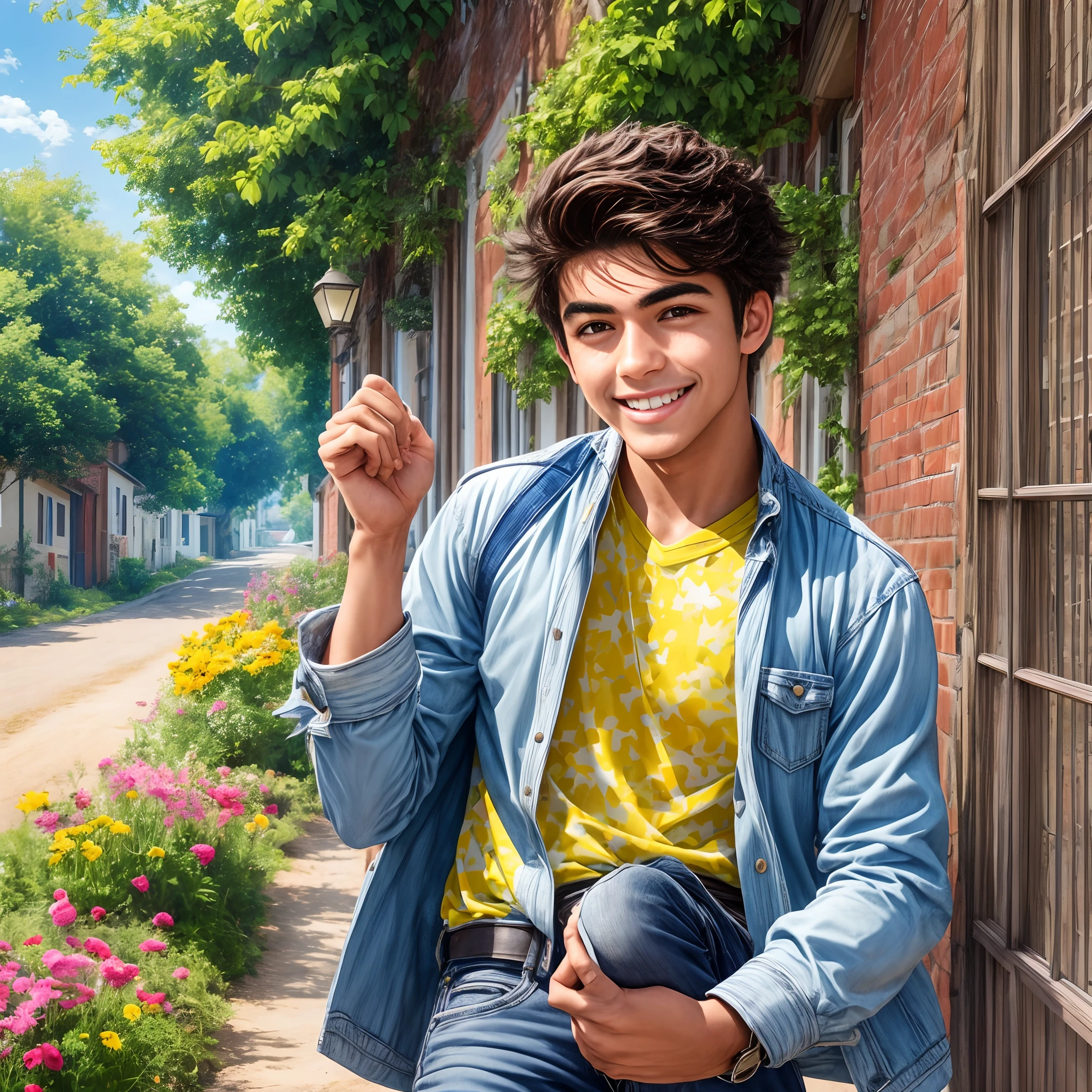 Describe a cheerful young man named Carlos for a scene. He has bright eyes and a warm smile, wearing light, colorful clothes that reflect his optimistic nature. Her hair is modern and well cut, indicating confidence. Carlos is situated in a sunny countryside, with vibrant flowers and shady trees all around him. Your presence radiates joy and positive energy to those around you. Details about his facial expressions, posture and interactions with the environment are essential to capturing his optimistic and infectious personality." --auto --s2