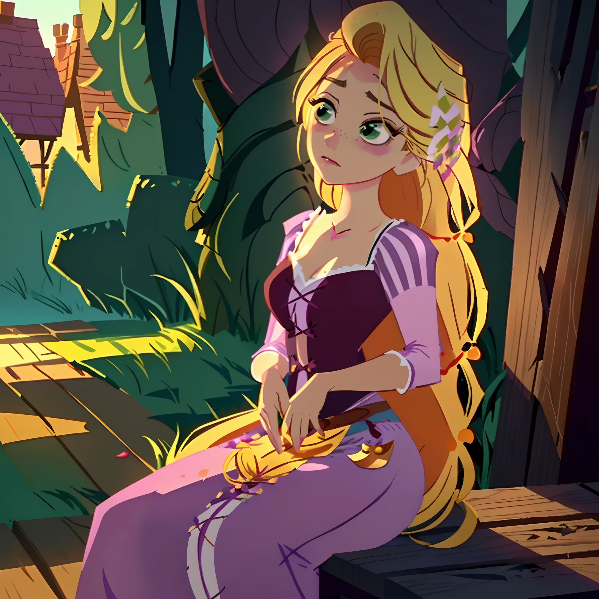 Rapunzel was robbed and beaten outside of a forest cabinet, and had endured hours of pain, beatings, slashes, gun shots, and blows. Now she just stares out at the sunset, green eyes barely open, and unable to pick herself up or breath easily hoping for someone to save her. (Rapunzel, big breasts: 1.9), (loose_hair: 2.2), (tattered, ripped, shredded purple lace dress: 2.5), (dishelved long blond hair: 3.4), Rapunzel knocked out on a porch: 3.9), Rapunzel scarred, bruised, and exhausted: 2.3), (Green eyes shut: 2.7), (Rapunzel has a miserable and painful facial expression: 2.1), (Rapunzel stuck on her back and her head looking to the  right: 3.0), (detailed Rapunzel character: 2.7), (close up view: 3.0), (brutal environment: 1.6), (pieces of the dress torn off: 3.9)