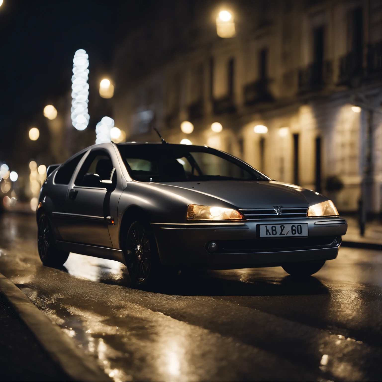 Une Peugeot 307 2002 de couleur grise avec des modification dans le style de la delorean de retour vers le futur avec des roues sombres, Conduire en ville, pluie, Nuit