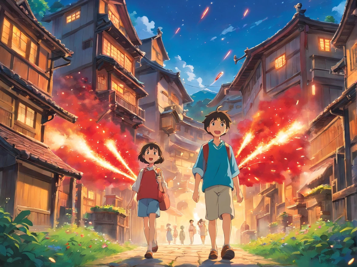 Picture book characters、A -yeld boed firecrackers in hand、Positive perspective、Village background、Take risks、Ghibli style、Humanity、