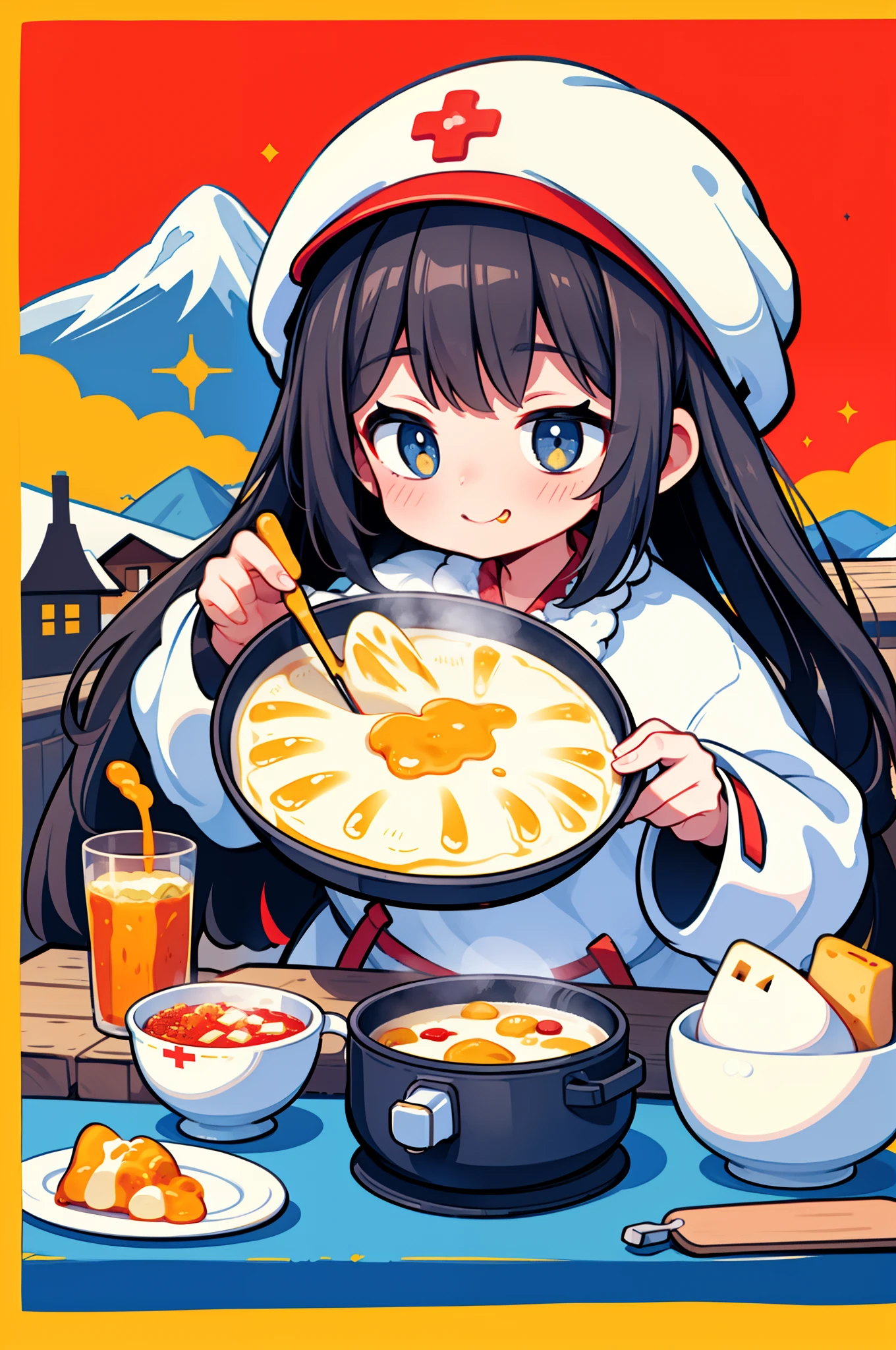 Switzerland Tourism、alps、Girl eating cheese fondue、happily face、Traditional Swiss costumes and hats、​masterpiece、top-quality、Top image quality