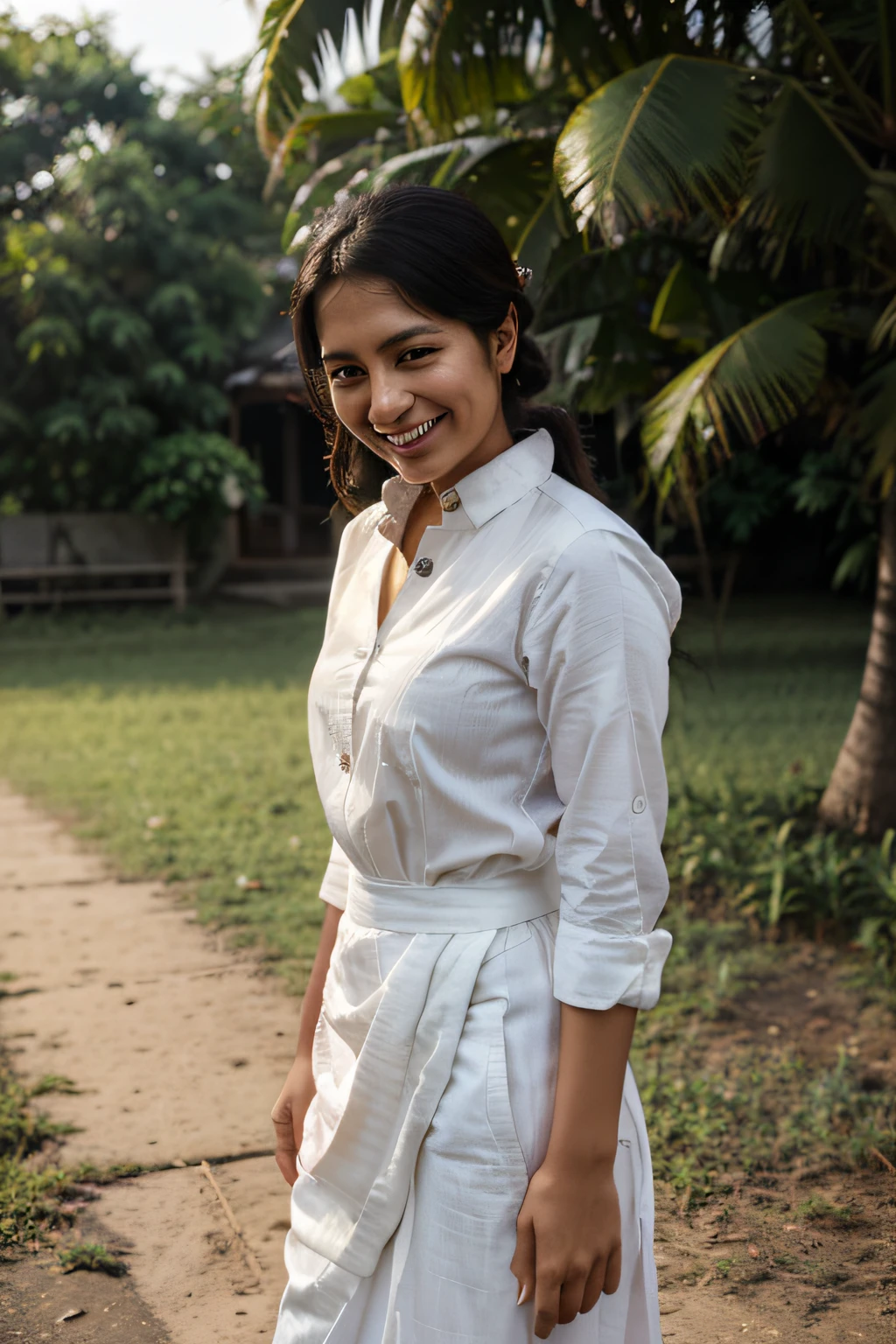 arafed woman laughing, white buttoned tucked in shirt and black pants, photo of a woman, mid shot portrait, candid picture, 7 0 mm portrait, photo of young woman, 60mm portrait, candid portrait photo, wearing bihu dress mekhela sador, portait image, candid portrait, taken with canon eos 5 d mark iv