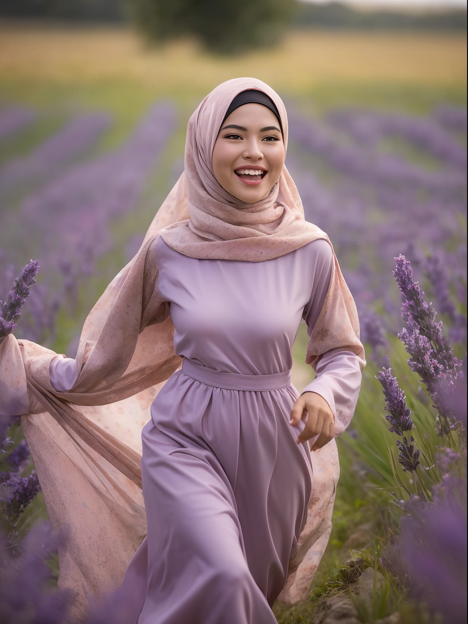 Malay girl in long hijab wear baju kurung, pastel color, running happily in Lavender Fields, Provence – France , windy, blown her hijab, front view, detail skin, detail skin texture, mole below eyes, small breast, wide hips, small waist, thick thigh, slim abs, beautiful body, sunrise, laughing, happy, bright lighting, blur background, bokeh, 4k, ultra detail, high quality photo,