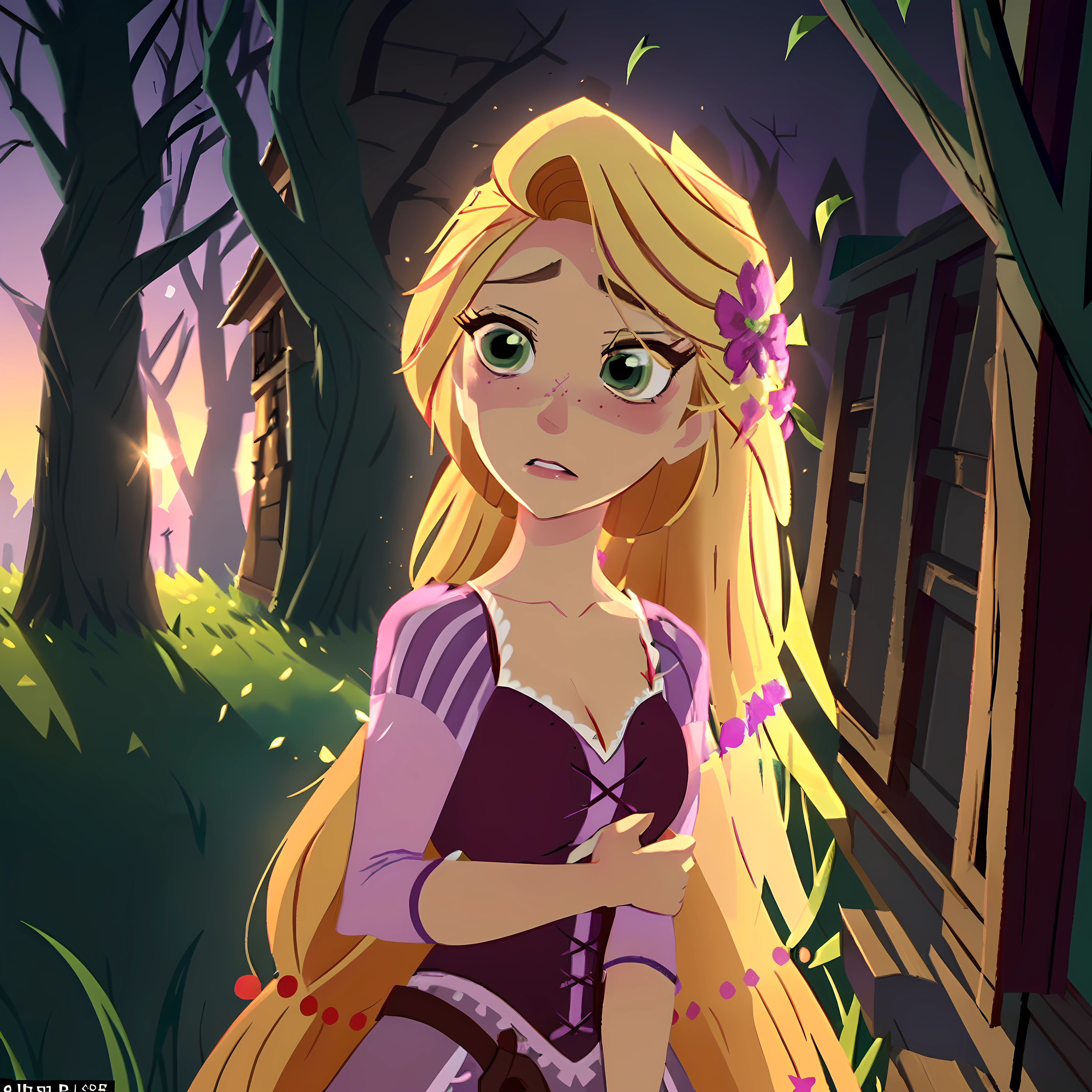 Rapunzel was robbed and beaten outside of a forest cabinet, and had endured hours of pain, beatings, slashes, gun shots, and blows. Now she just stares out at the sunset, green eyes barely open, and unable to pick herself up or breath easily hoping for someone to save her. (Rapunzel, big breasts: 1.9), (loose_hair: 2.2), (tattered, ripped, shredded purple lace dress: 1.9), (dishelved long blond hair: 1.4), Rapunzel knocked out on a porch: 1.9), Rapunzel scarred, bruised, and exhausted: 1.9), (Green eyes shut: 1.9), (Rapunzel has a miserable and painful facial expression: 1.8), (Rapunzel stuck on her back and her head looking to the  right: 1.9), (detailed Rapunzel character: 1.9), (close up view: 1.9), (brutal environment: 1.6), (pieces of the dress torn off: 1.9)