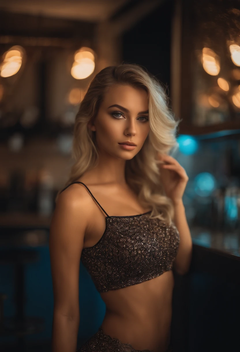 Blonde woman posing in nightclub with matching tank top and skirt, Sexy girl with blue eyes, portrait sophie mudd, blur backgroun, Best quality, 1girll, Portrait of Corinna Kopf, blonde hair and large eyes, selfie of a young woman, Orn makeup, natural makeup, Look directly into the camera, face with artgram, Decentus makeup, Great full body photo, Being in the room, Large of breast, Blonde, latina