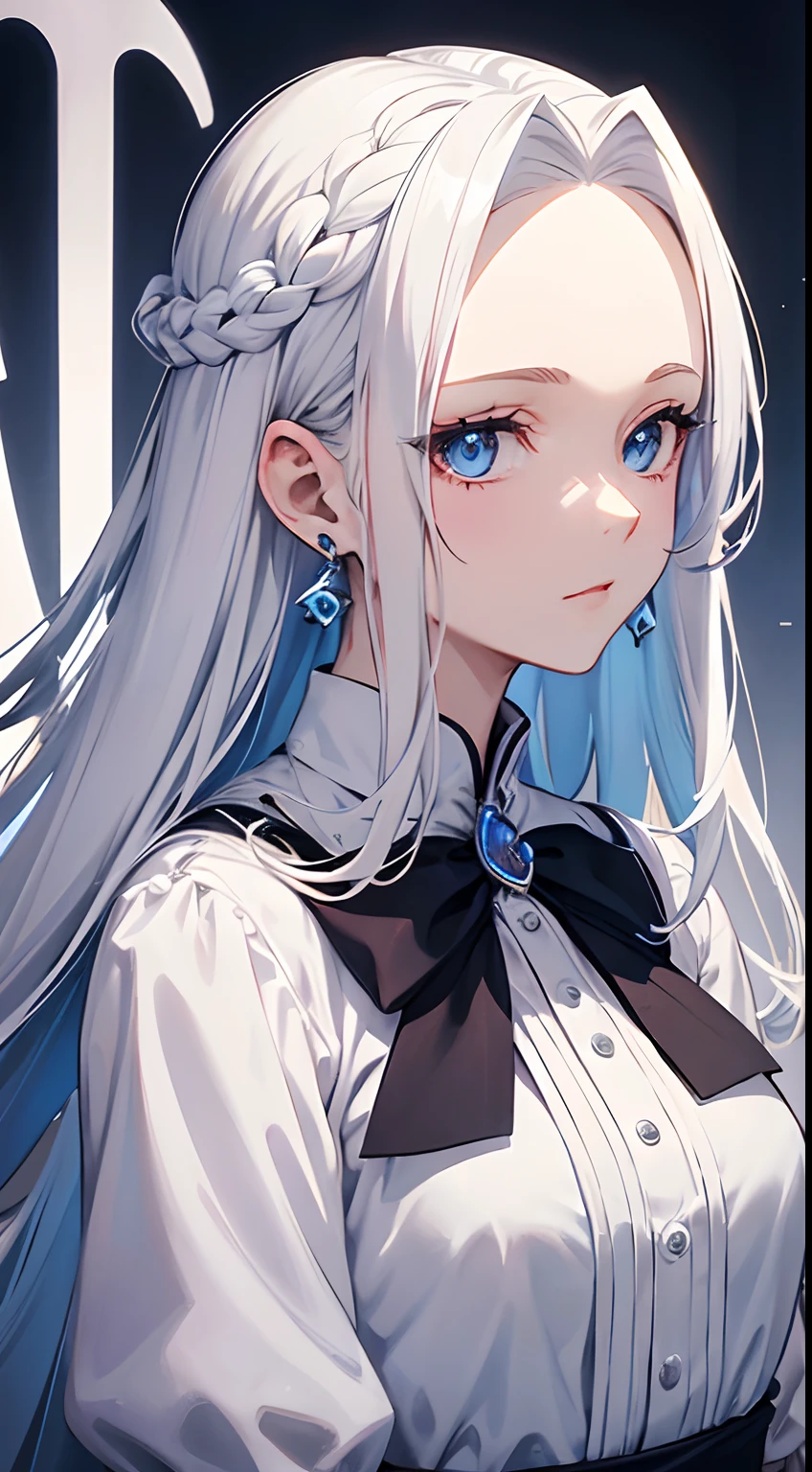 Cover magazine, anime, woman, solo, long hair, white hair, blue eyes, model, beautiful, fantasy, Casual clothes. Hair accessories. Unusual hairstyles. Earrings. Upper body potrait. (forehead comma hair:10%)