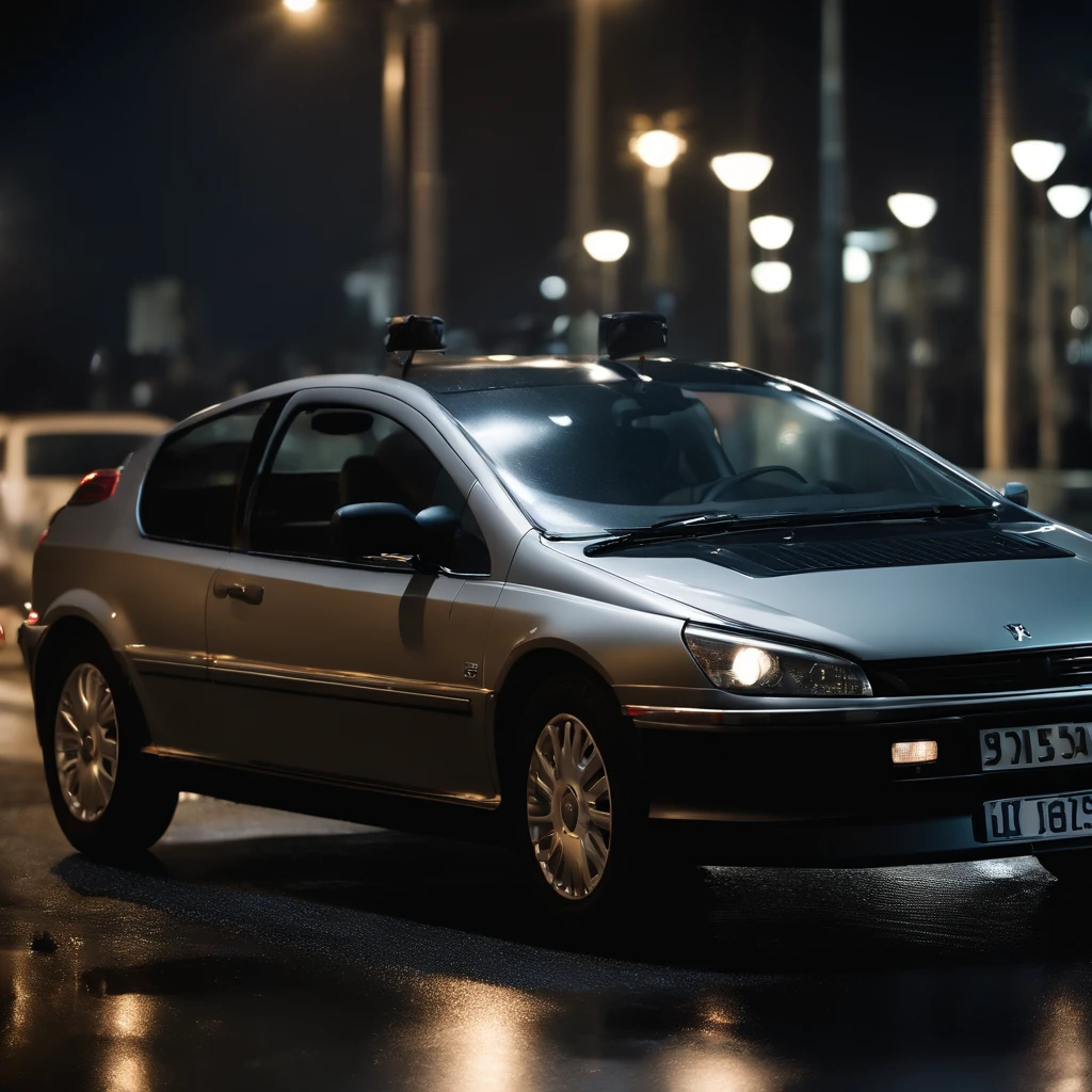 Une Peugeot 307 2005 de couleur grise avec des modification dans le style de la delorean de retour vers le futur avec des roues sombres, Conduire en ville, pluie, Nuit, Neon