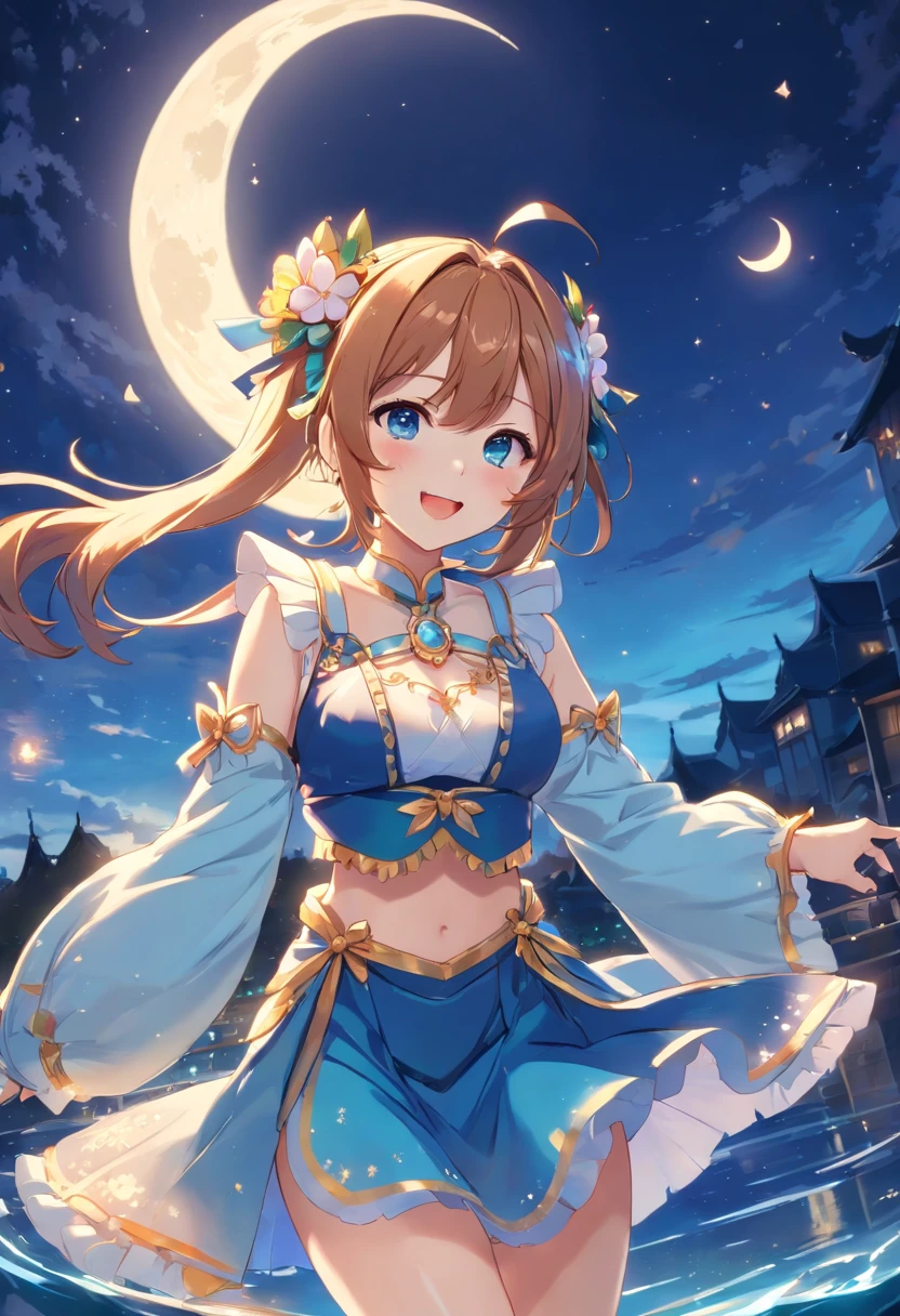 masterpiece, best quality, absurdres, nilou (neither flower nor mist) (genshin impact), aqua eyes, nilou (genshin impact), fake horns, 1girl, solo, red hair, veil, smile, moon, long hair, crop top, jewelry, horns, night, bracer, brooch, long sleeves, puffy long sleeves, looking at viewer, skirt, bangs, twintails, water, puffy sleeves, sky, neck ring, open mouth, :d, full moon, night sky, flower, harem outfit, gold trim, parted bangs, arm up, breasts, circlet, outdoors, blue skirt, hair ornament, detached sleeves, low twintails, floating hair, gem, hair flower, blue gemstone, hand up, dancer, white headwear, small breasts, stomach, midriff, cowboy shot, blue bow, very long hair