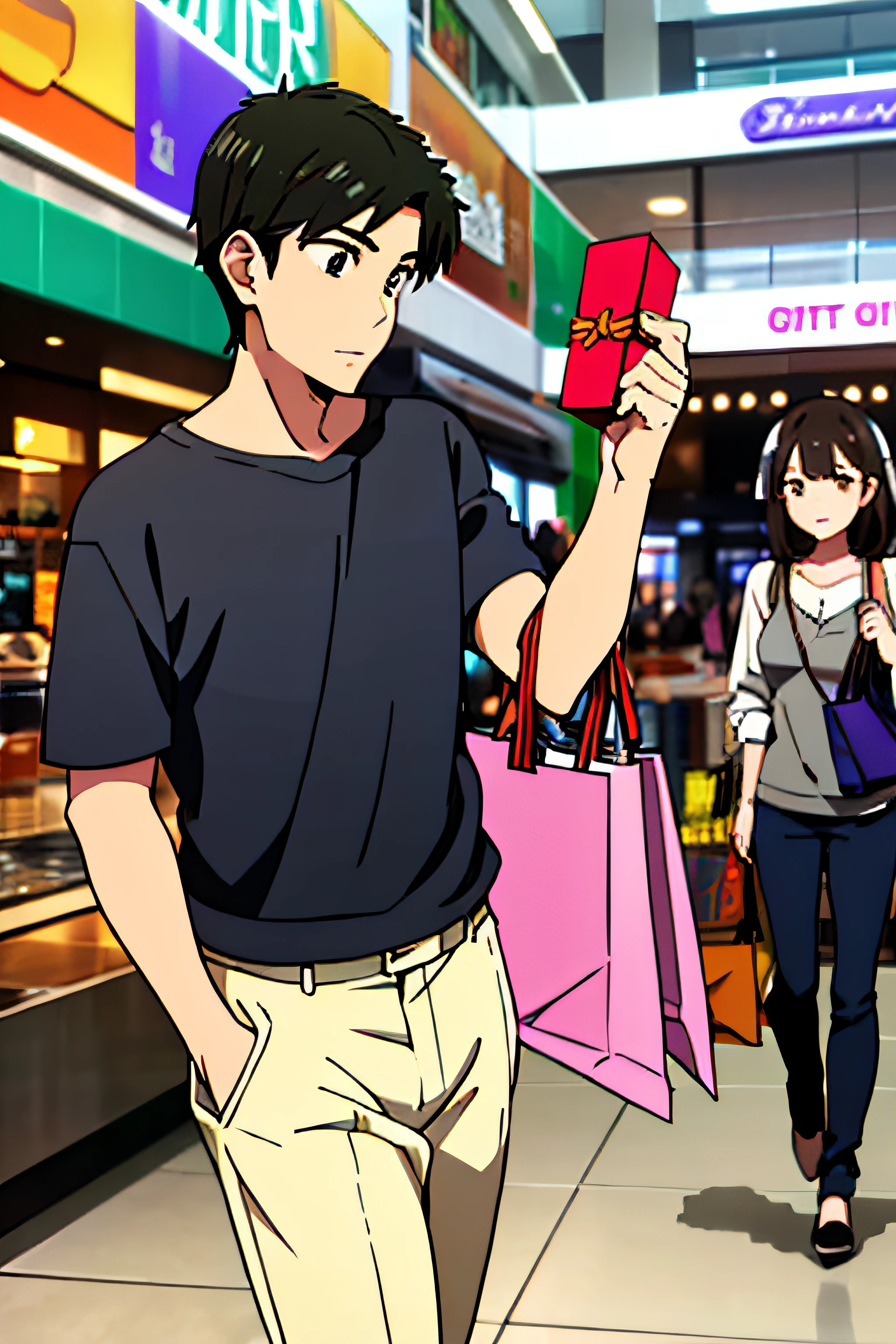 ((Masterpiece, Best quality:1.2)of a guy，Black casual wear、shopping in mall、Gift bag in hand