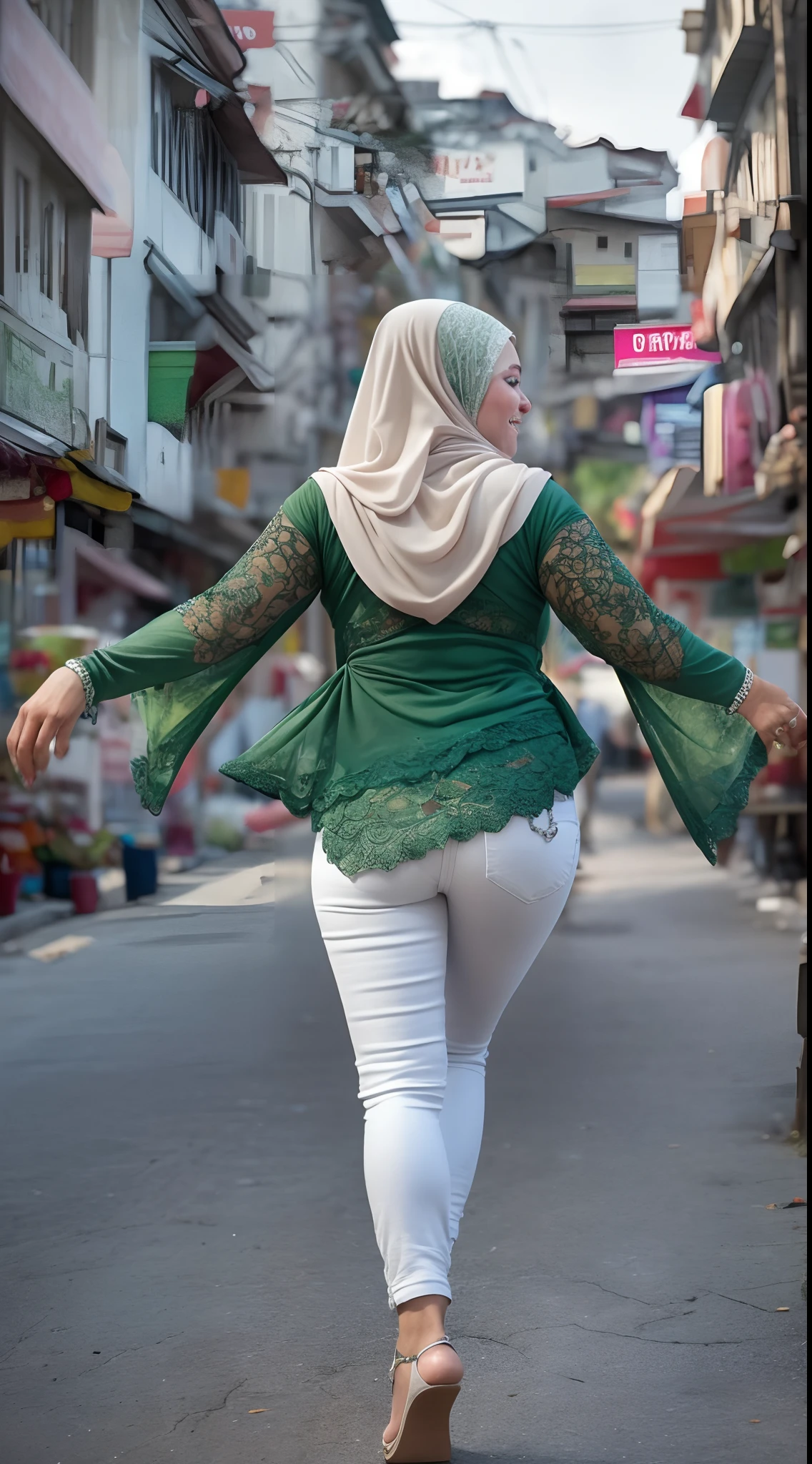 1 malay woman in hijab,((tight white high waist jeans and green lace bra)),(Small buttocks),Emphasize ass,big round ass, Smaller chest,Clothes are sheer,Smiling smile, (hijab flying), de pele branca,big breasts thin waist, hongkong style street, Hyper-Realism, Cinematic lighting, depth of fields, From below, from back, vanishing point, F/2.8,  Anatomically correct, Textured skin, Super Detail, awardwinning, Best Quality, hight resolution,