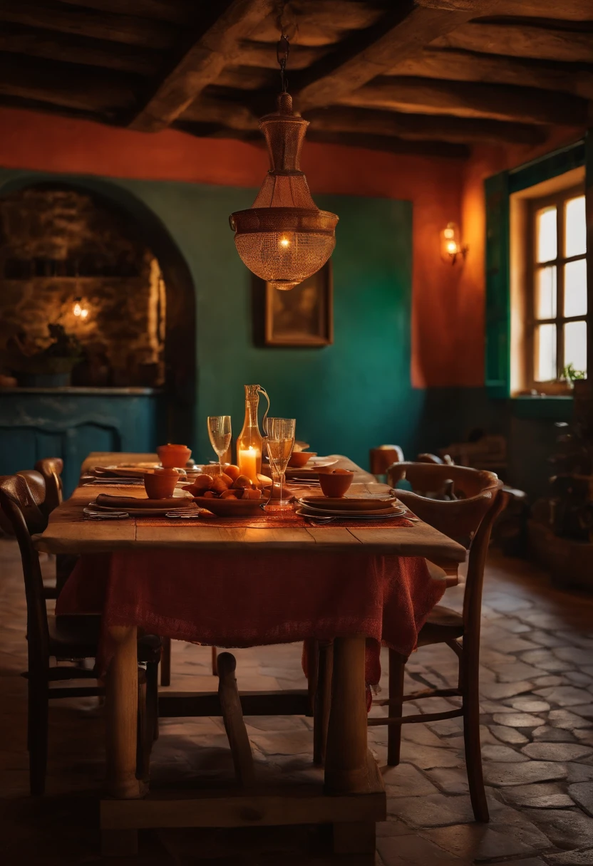 Cantina italiana, Rustic table, Free space in the middle, copos, velas e lareira ao fundo, utensilio pegador. Italia