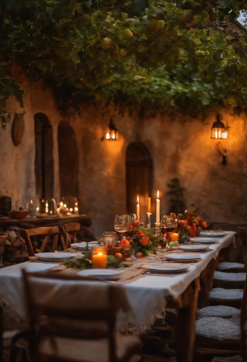 Cantina italiana, Rustic table, Free space in the middle, copos, velas e lareira ao fundo, utensilio pegador. Italia